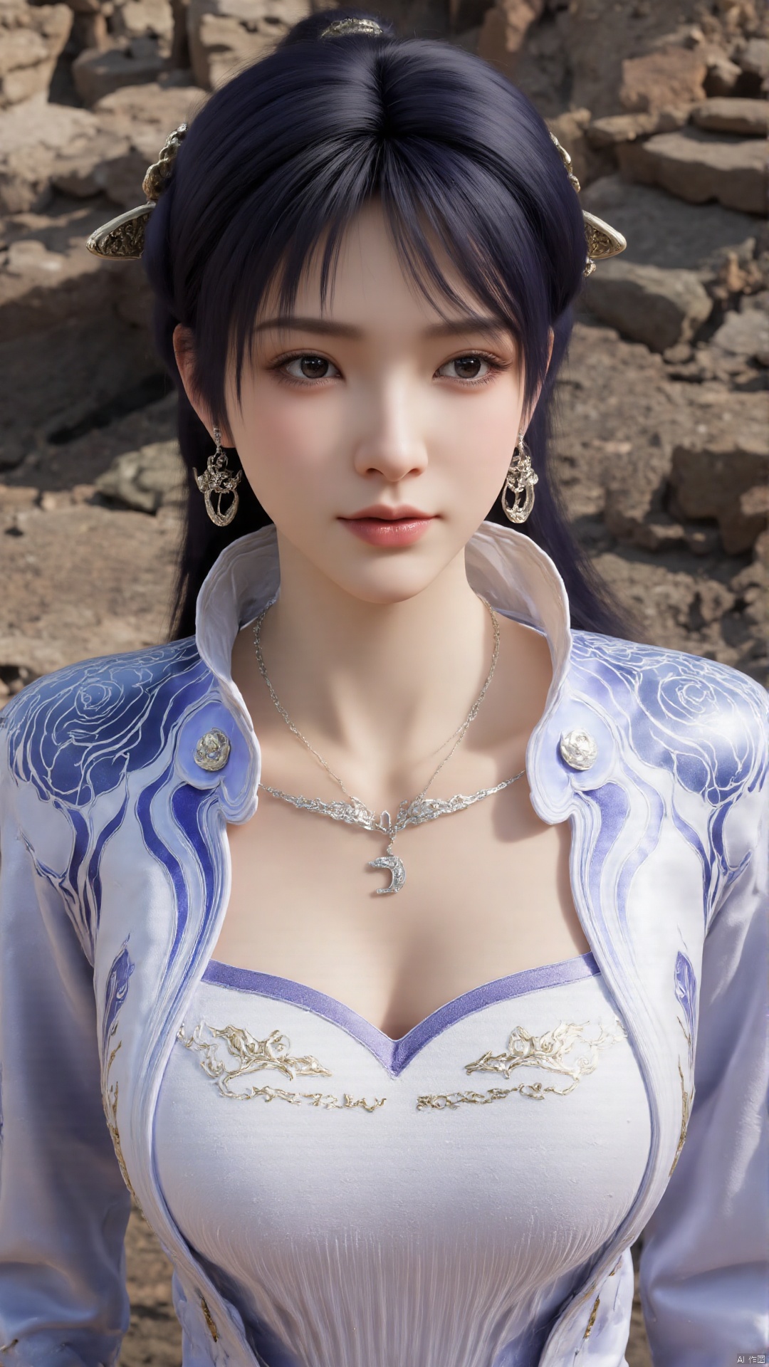  1girl, solo, jewelry, earrings, breasts, necklace, purple hair, purple dress, long dress, realistic, mischevious smile, perfect body, scenery, sharp focus, best quality, masterpiece, detailed outfit, illustration, perfect eyes, finely detailed beautiful anime eyes, realistic skin, intricate details, best lighting, depth of field, ultra high resolution,cowboy_shot, dynamic pose, dynamic angle,