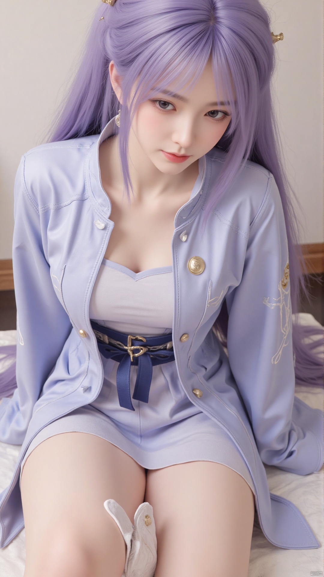  1girl, long hair, purple hair, lie on the bed, (school uniform:1.4),looking at viewer, mischevious smile, perfect body, scenery, sharp focus, best quality, masterpiece, detailed outfit, illustration, perfect eyes, finely detailed beautiful anime eyes, realistic skin, intricate details, best lighting, depth of field, ultra high resolution