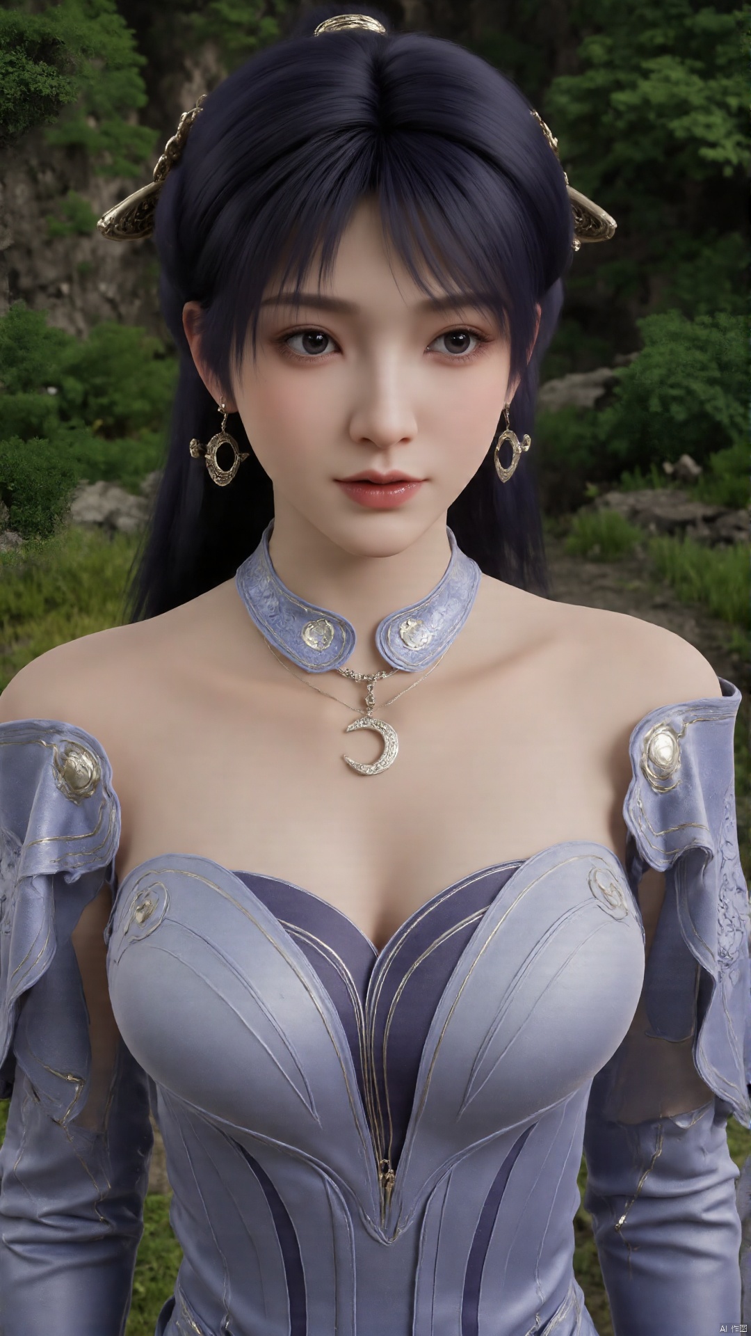  1girl, solo, jewelry, earrings, breasts, necklace, purple hair, dress, realistic, bare shoulders, mischevious smile, perfect body, scenery, sharp focus, best quality, masterpiece, detailed outfit, illustration, perfect eyes, finely detailed beautiful anime eyes, realistic skin, intricate details, best lighting, depth of field, ultra high resolution,cowboy_shot, dynamic pose, dynamic angle,