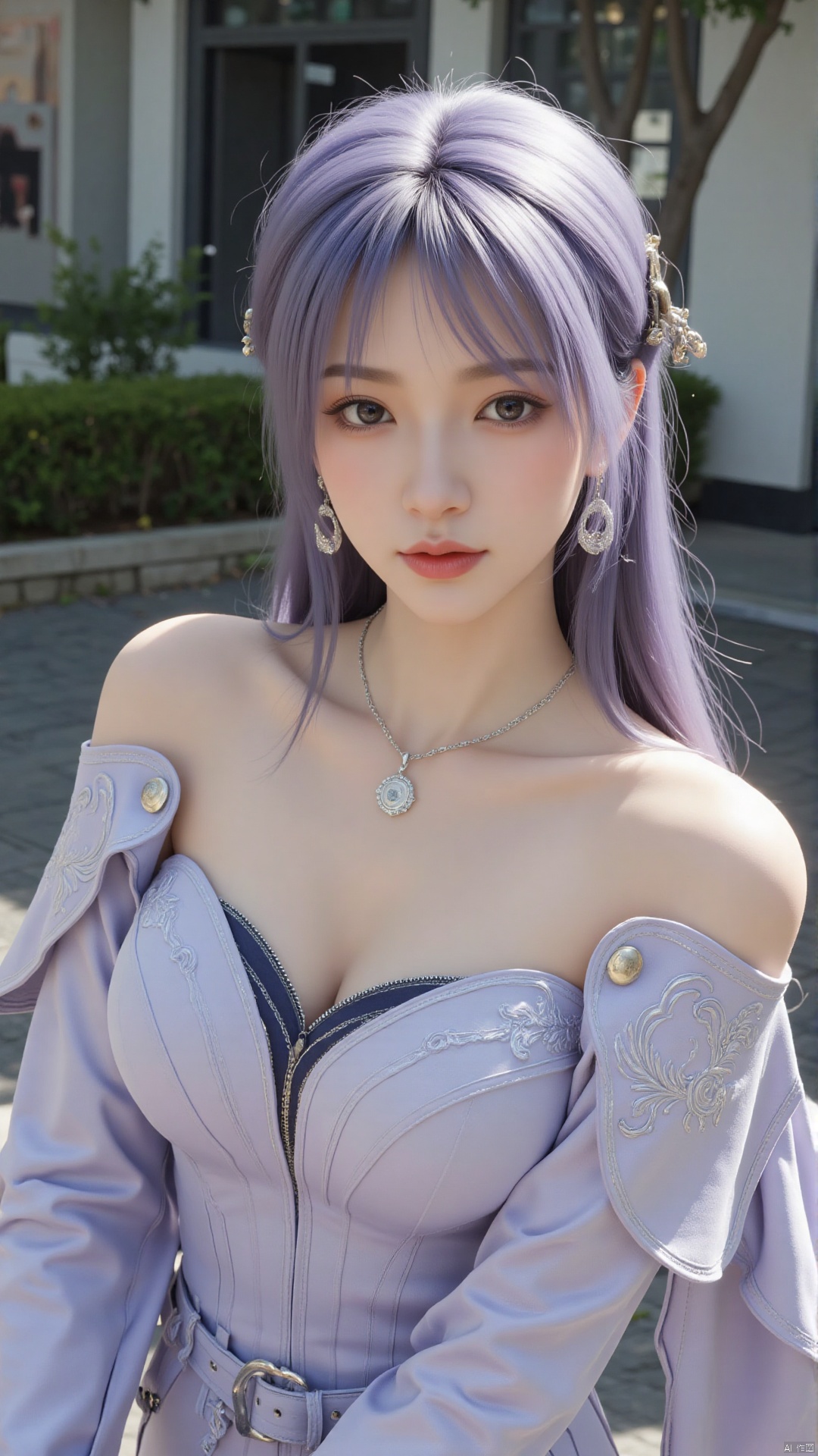 1girl, solo, jewelry, earrings, breasts, necklace, purple hair, dress, realistic, bare shoulders, looking at viewer, lying, perfect body, scenery, sharp focus, best quality, masterpiece, detailed outfit, illustration, perfect eyes, finely detailed beautiful anime eyes, realistic skin, intricate details, best lighting, depth of field, ultra high resolution, bed, from above