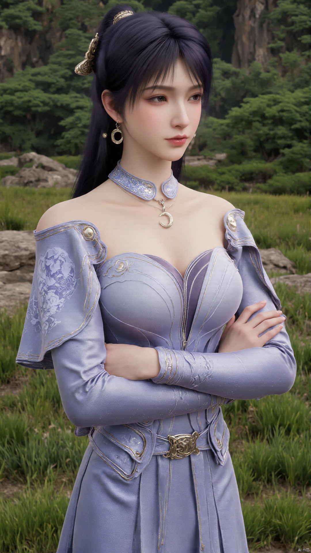 1girl, solo, jewelry, earrings, breasts, necklace, purple hair, purple dress, long dress, realistic, mischevious smile, perfect body, scenery, sharp focus, best quality, masterpiece, detailed outfit, illustration, perfect eyes, finely detailed beautiful anime eyes, realistic skin, intricate details, best lighting, depth of field, ultra high resolution,cowboy_shot, dynamic pose, dynamic angle,