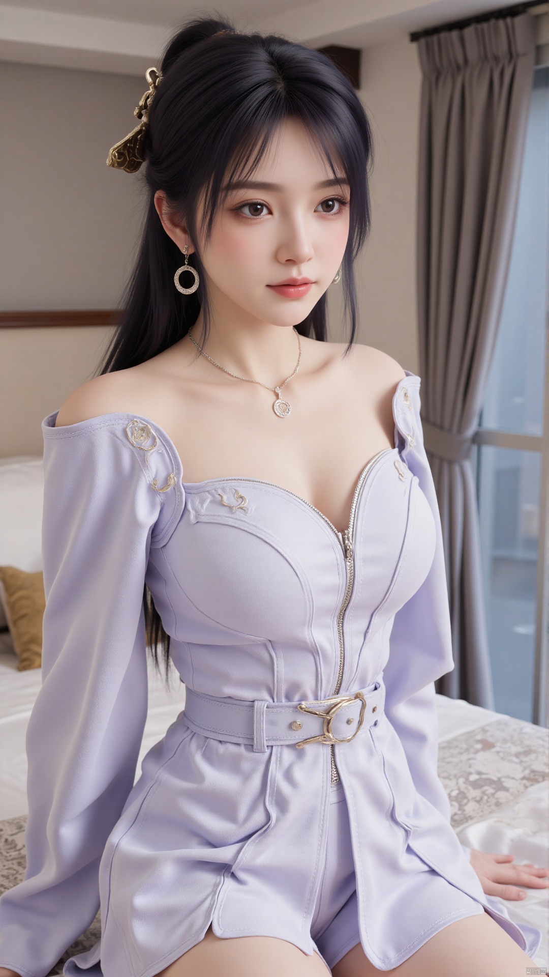 1girl, solo, jewelry, earrings, breasts, necklace, purple hair, dress, realistic, bare shoulders, looking at viewer, lying, perfect body, scenery, sharp focus, best quality, masterpiece, detailed outfit, illustration, perfect eyes, finely detailed beautiful anime eyes, realistic skin, intricate details, best lighting, depth of field, ultra high resolution, bed, from above