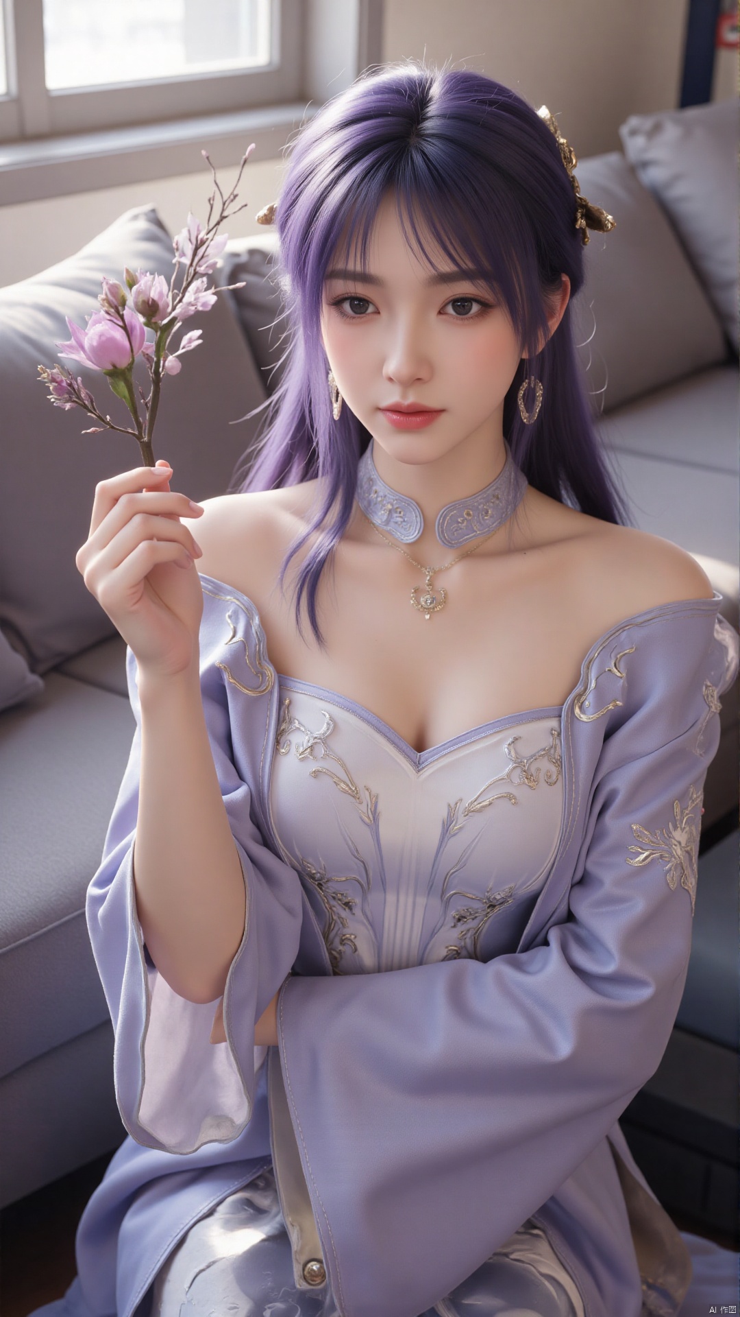 1girl, solo, jewelry, earrings, breasts, necklace, purple hair, dress, realistic, bare shoulders, looking at viewer, lying, perfect body, scenery, sharp focus, best quality, masterpiece, detailed outfit, illustration, perfect eyes, finely detailed beautiful anime eyes, realistic skin, intricate details, best lighting, depth of field, ultra high resolution, bed, from above