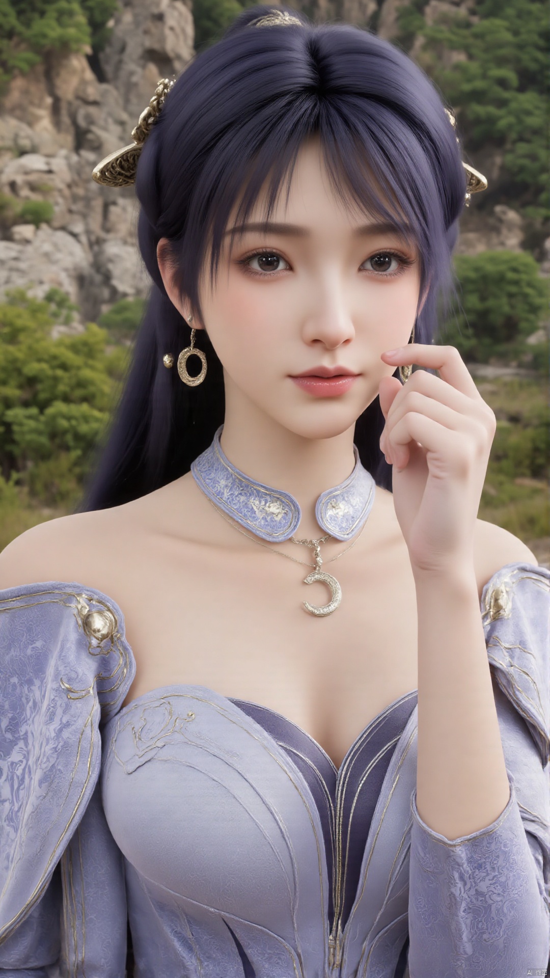  1girl, solo, jewelry, earrings, breasts, necklace, purple hair, dress, realistic, bare shoulders, mischevious smile, perfect body, scenery, sharp focus, best quality, masterpiece, detailed outfit, illustration, perfect eyes, finely detailed beautiful anime eyes, realistic skin, intricate details, best lighting, depth of field, ultra high resolution,cowboy_shot, dynamic pose, dynamic angle,