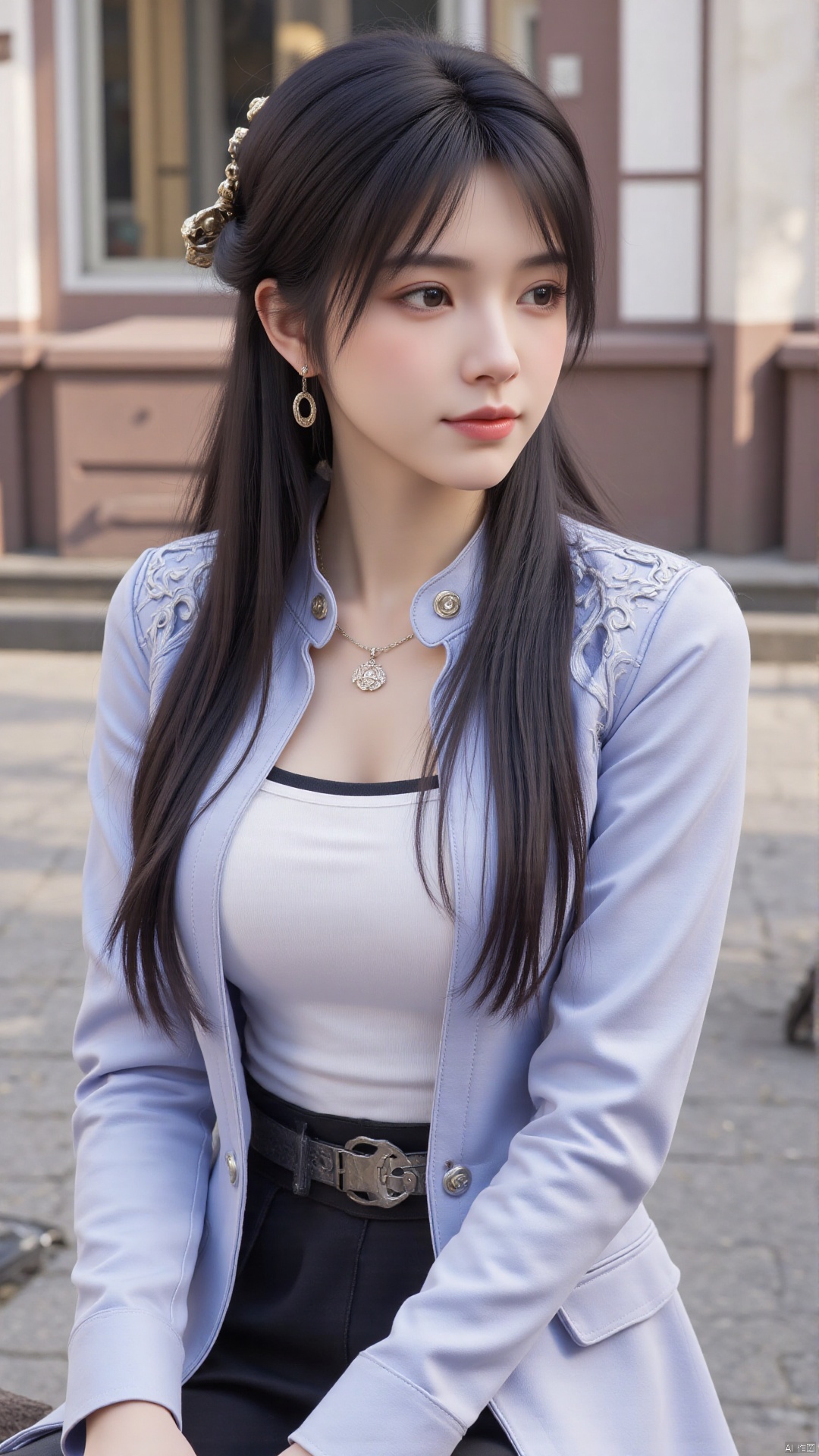1girl, solo, long hair, looking at viewer, smile, sitting, collarbone, off shoulder, sweater, messy hair, realistic