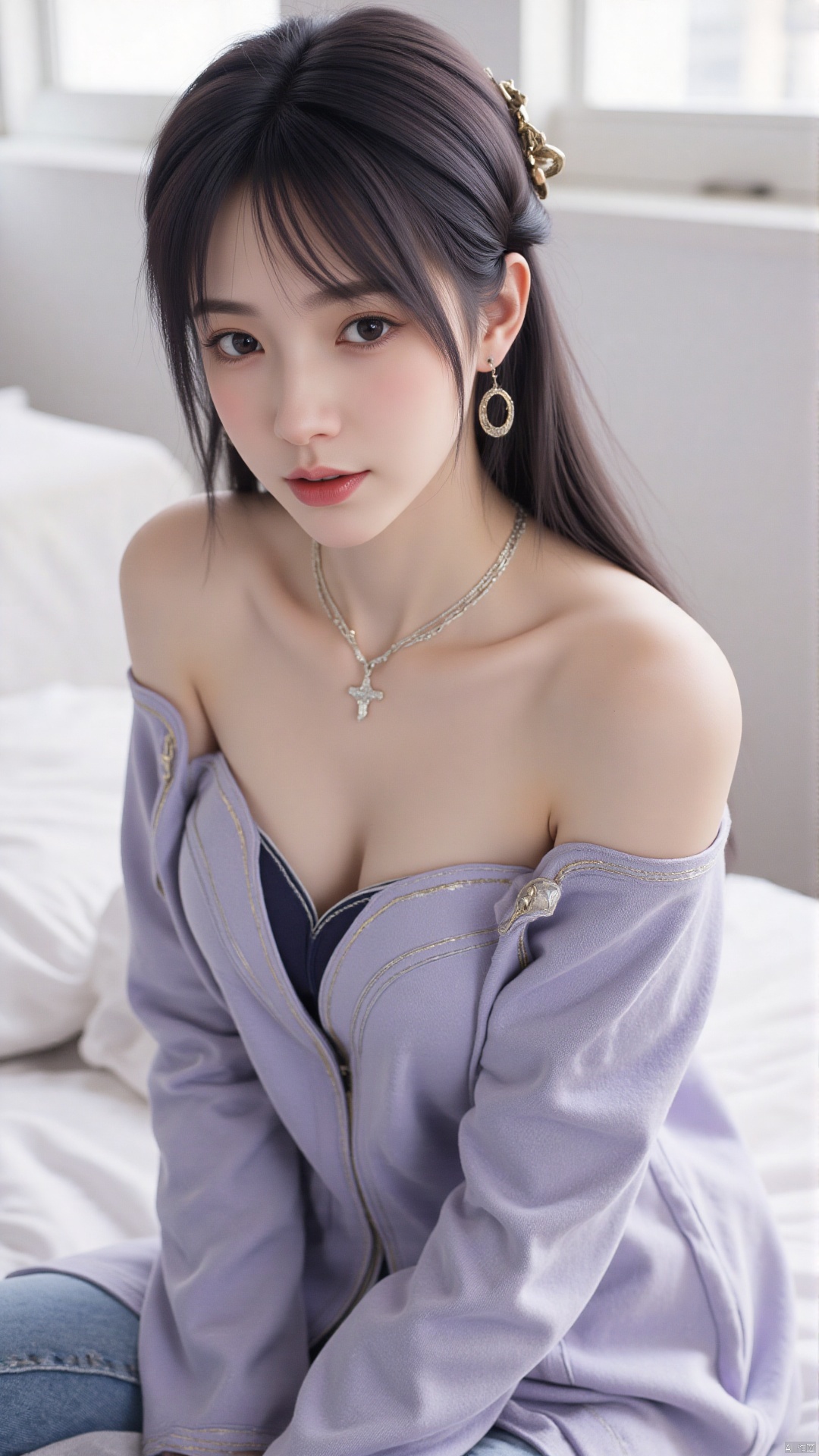 1girl, solo, long hair, looking at viewer, smile, sitting, collarbone, off shoulder, sweater, messy hair, realistic