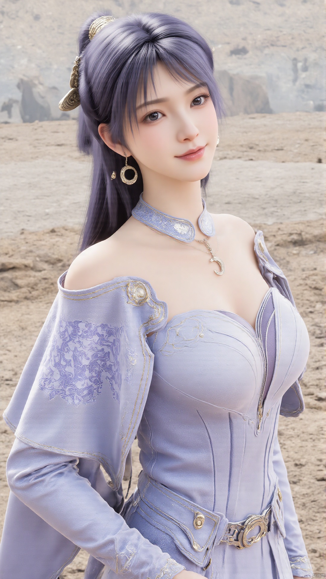  1girl, solo, jewelry, earrings, breasts, necklace, purple hair, dress, realistic, bare shoulders, mischevious smile, perfect body, scenery, sharp focus, best quality, masterpiece, detailed outfit, illustration, perfect eyes, finely detailed beautiful anime eyes, realistic skin, intricate details, best lighting, depth of field, ultra high resolution,cowboy_shot, dynamic pose, dynamic angle,