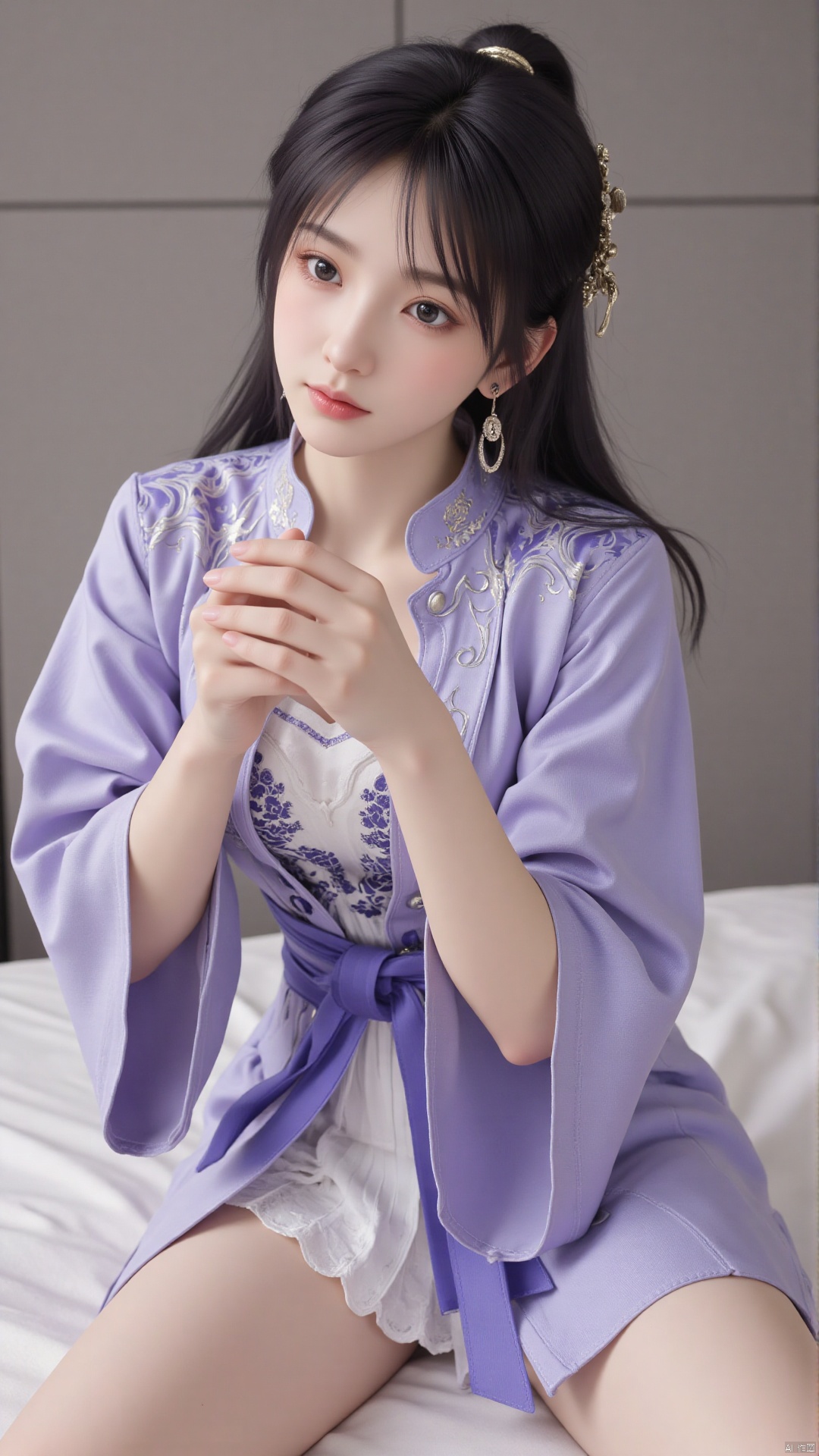  1girl, long hair, purple hair, lie on the bed, (school uniform:1.4),looking at viewer, mischevious smile, perfect body, scenery, sharp focus, best quality, masterpiece, detailed outfit, illustration, perfect eyes, finely detailed beautiful anime eyes, realistic skin, intricate details, best lighting, depth of field, ultra high resolution