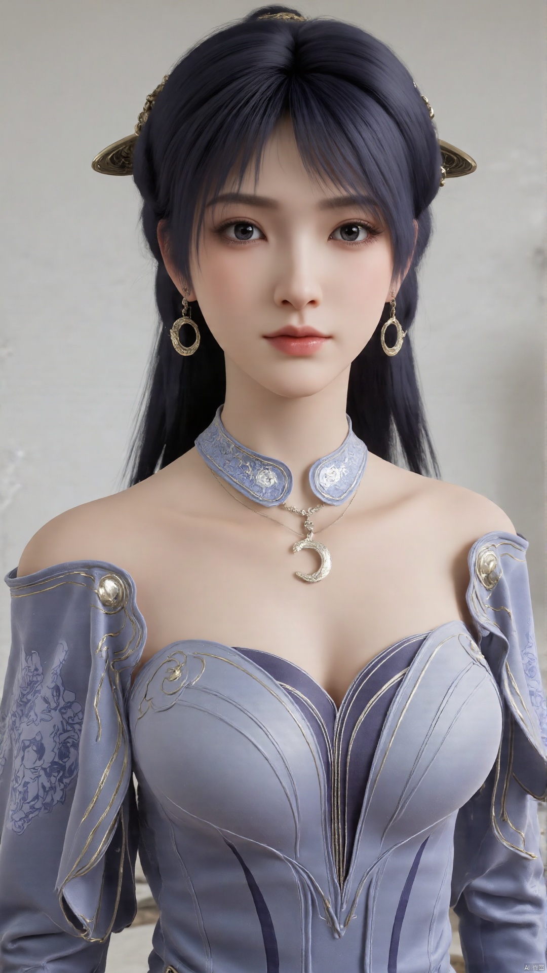  1girl, solo, jewelry, earrings, breasts, necklace, purple hair, dress, realistic, bare shoulders, mischevious smile, perfect body, scenery, sharp focus, best quality, masterpiece, detailed outfit, illustration, perfect eyes, finely detailed beautiful anime eyes, realistic skin, intricate details, best lighting, depth of field, ultra high resolution,cowboy_shot, dynamic pose, dynamic angle,