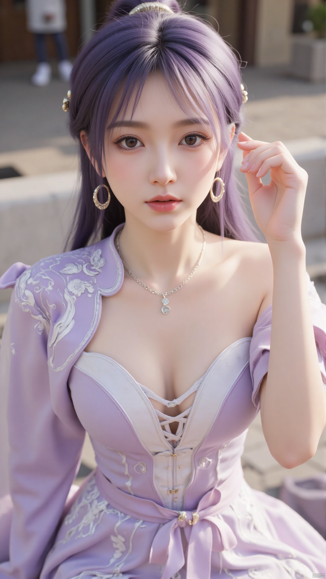1girl, solo, jewelry, earrings, breasts, necklace, purple hair, dress, realistic, bare shoulders, looking at viewer, lying, perfect body, scenery, sharp focus, best quality, masterpiece, detailed outfit, illustration, perfect eyes, finely detailed beautiful anime eyes, realistic skin, intricate details, best lighting, depth of field, ultra high resolution, bed, from above