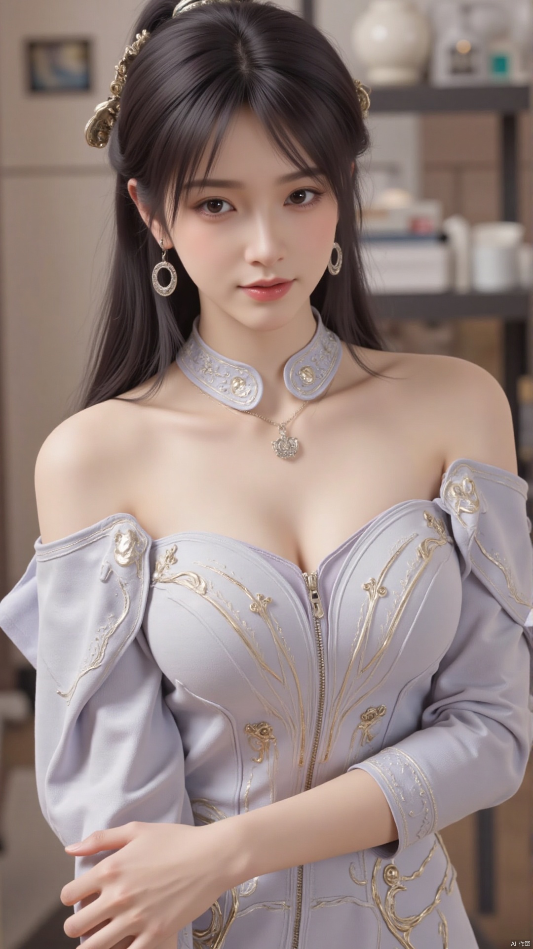 1girl, solo, long hair, looking at viewer, smile, sitting, collarbone, off shoulder, sweater, messy hair, realistic