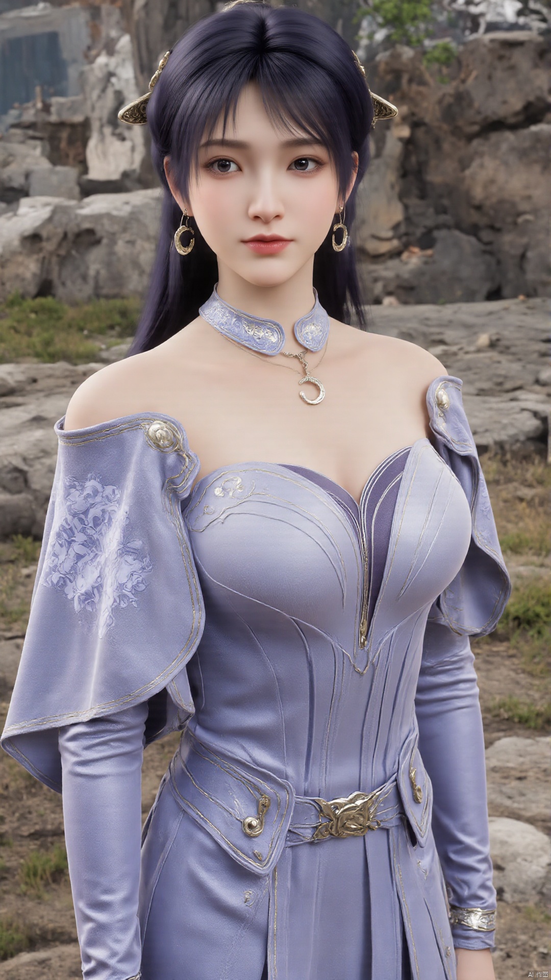 This image is a highly detailed CGI rendering of a young East Asian woman with fair skin and delicate facial features. She has long, dark purple hair styled in a loose, flowing manner, adorned with a golden hairpin that resembles a crescent moon. Her expression is calm and serene, with a slight smile on her lips. She has large, expressive eyes that are a light brown color, and her makeup is minimal, enhancing her natural beauty.

She is dressed in an ornate, off-the-shoulder robe that is primarily lavender with intricate, golden embroidery. The robe has a high collar that ties at the back, and the neckline is adorned with a small, crescent-shaped pendant. Her earrings are also crescent-shaped, with a similar design to the pendant, and they hang elegantly from her ears.

The background is a blurred, natural scene that suggests an outdoor setting, possibly a rocky terrain with patches of green grass. The overall color palette of the image is soft and muted, with a focus on pastel lavender and golden tones, creating a serene and ethereal atmosphere. The image is highly detailed, with realistic textures and shading, giving it a lifelike quality.