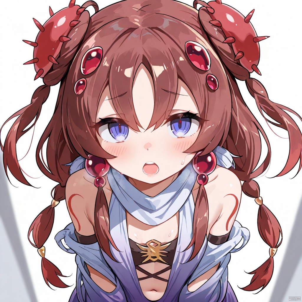 masterpiece, best quality, high quality, Traptrix Atypus \(ygo\), 1girl, solo, long hair, looking at viewer, open mouth, blue eyes, brown hair, hair ornament, navel, twintails, purple eyes, braid, detached sleeves,
