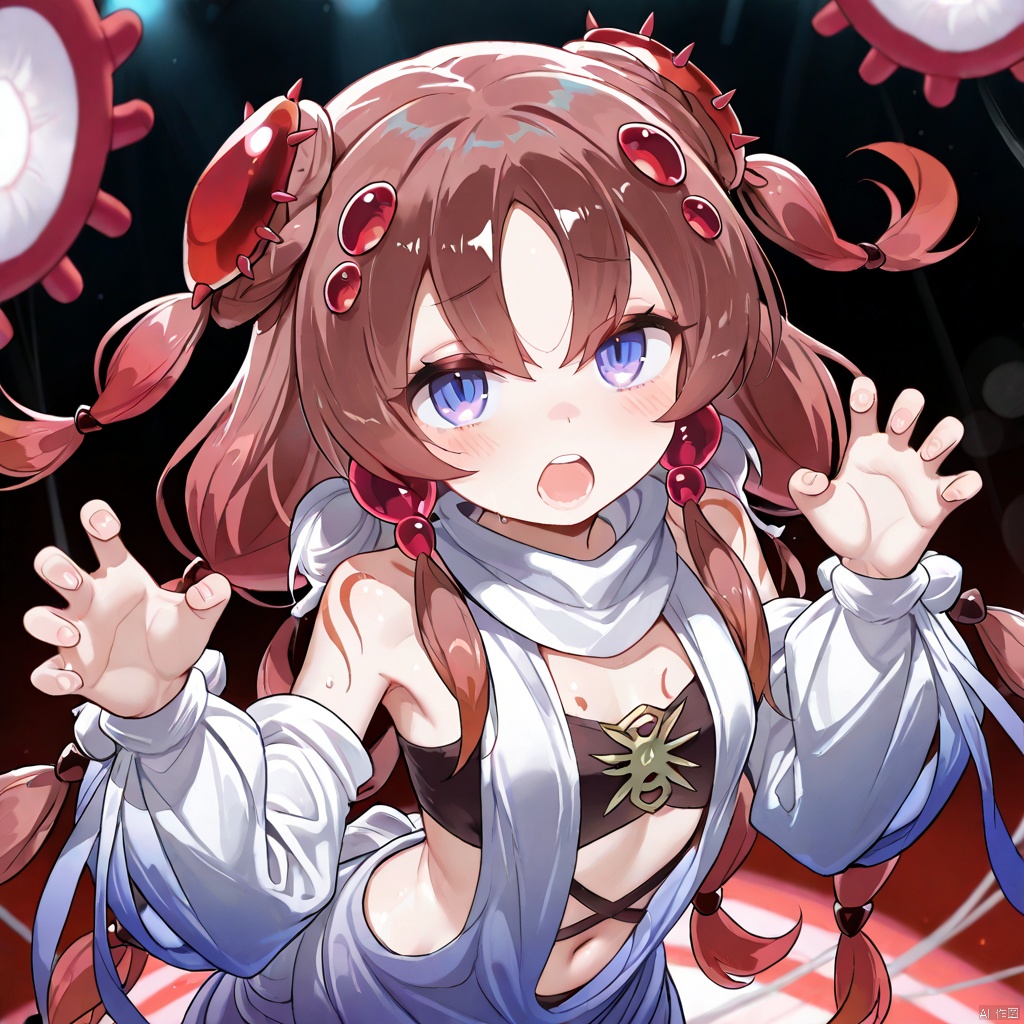 masterpiece, best quality, high quality, Traptrix Atypus \(ygo\), 1girl, solo, long hair, looking at viewer, open mouth, blue eyes, brown hair, hair ornament, navel, twintails, purple eyes, braid, detached sleeves, idol,