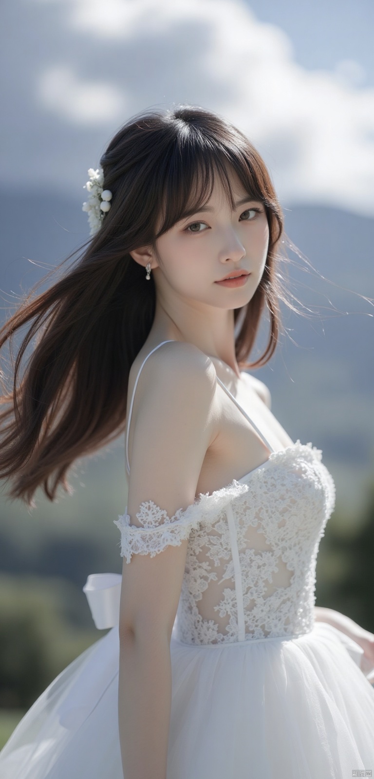 Ultra photoreal, Insane Details,32K,Realistic,beauty girl, Ultra photoreal, Ultra photoreal, Insane Details,32K,Realistic,beauty girl, 1girl,white_skin,glamor,oval face,hime cut,wedding_dress,hair_twirling,incredibly absurdres,huge filesize,looking_at_viewer,in summer,huge cloud,(moody lighting:1.1),available light,rich details,advanced texture,excellent photography,ladytao