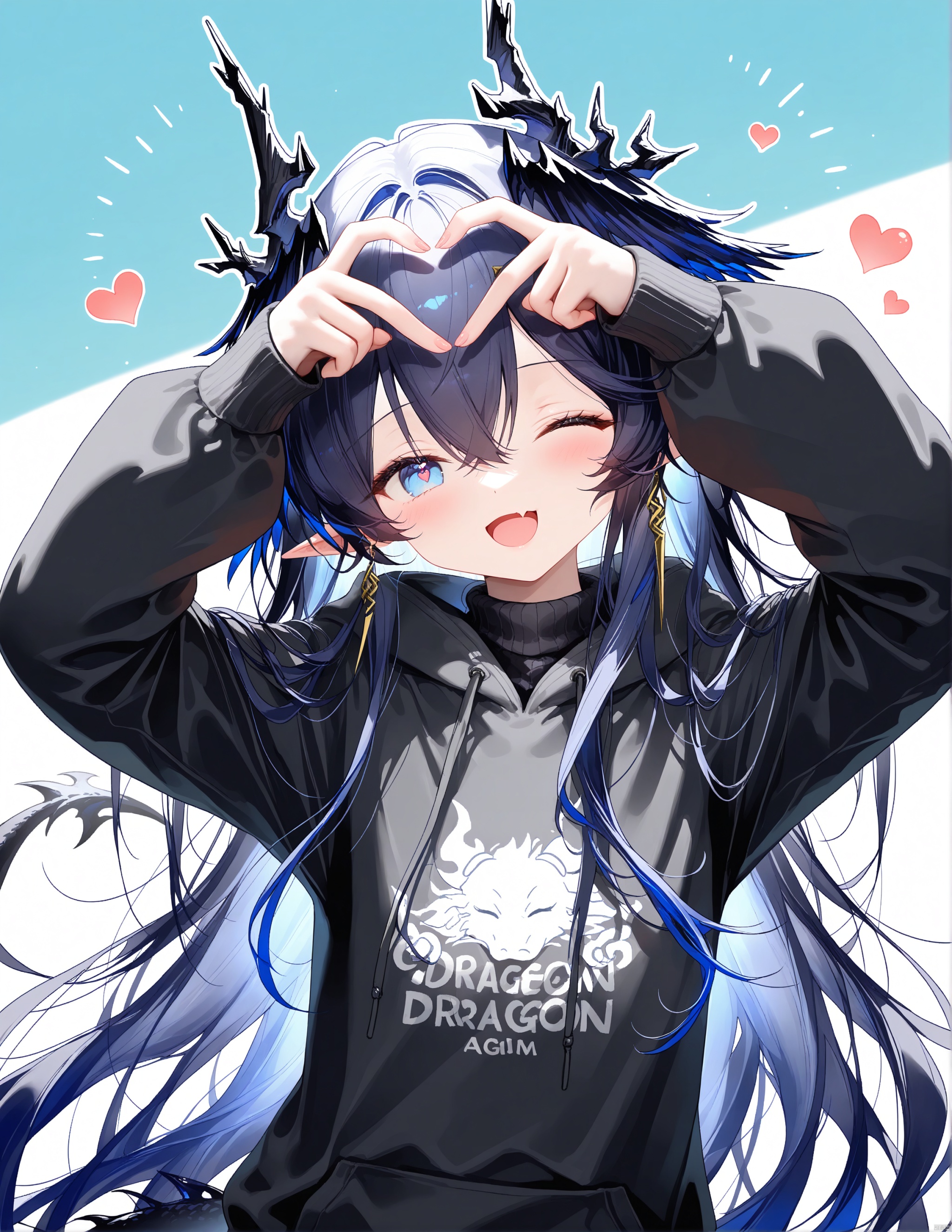 logos_\(arknights\), 1girl,solo, heart hands, loli, black sweater, blush, english text, happy, sleeves past wrists, one eye closed, hands up, hood, tail, blue eyes, smile, dragon girl, ;d, sweater, horns, clothes writing, fang, looking at viewer, white outline, upper body, skin fang, dragon tail, heart hands, long sleeves, outline, long hair, hooded sweater, 

(konya_karasue:0.3),(meion:0.5),(jima:0.2),(torino_aqua:0.1),(sora_72-iro:0.6),(miwabe_sakura:0.2),(wlop:0.6),(ciloranko:0.3),(binggong_asylum:0.6),(ask_\(askzy\):0.3),(bison_cangshu:0.5),(yunsang:0.2),(ningen_mame:0.3),(sho_\(sho_lwlw\):0.3),(rhasta:0.2),(deyui:0.2),(chen_bin:0.4),(omone_hokoma_agm:0.7),(pottsness:0.4),(hiten_\(hitenkei\):0.3),(rimuu:0.2),(mignon:0.2),(sheya:0.2),(nyalia:0.3),

official art,depth of field,best quality,amazing quality,very aesthetic,absurdres,best quality,masterpiece,ultra detailed, newest,8K,HDR,masterpiece,best quality,newest,absurdres,highres,very awa,
