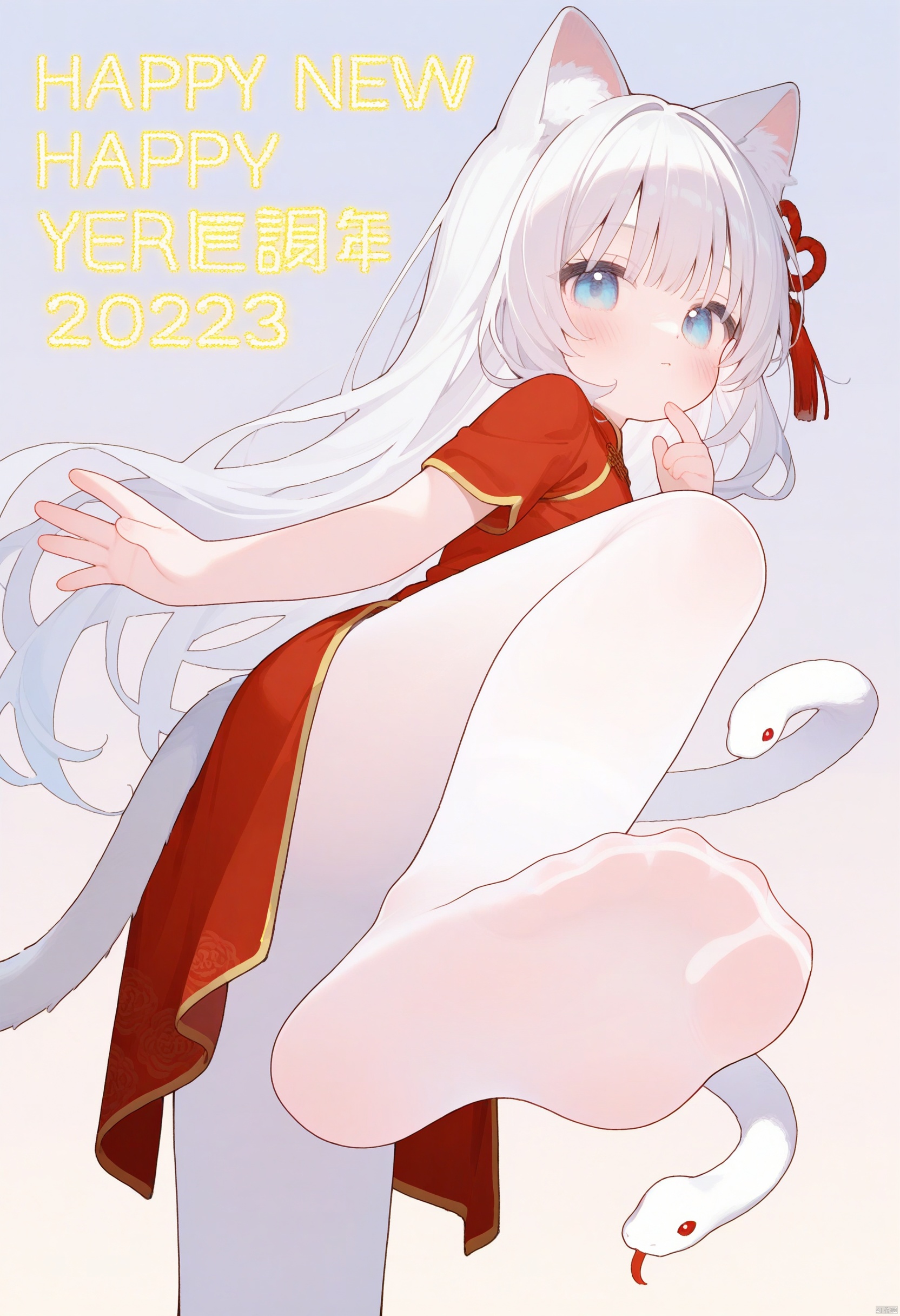1girl,solo,catgirl,loli,simple background,cat tail,
looking at viewer,happy new year,white_hair,blue eyes,chinese cheongsam,white pantyhose,foot focus,standing on one leg,from side,snake,chinese_knot,