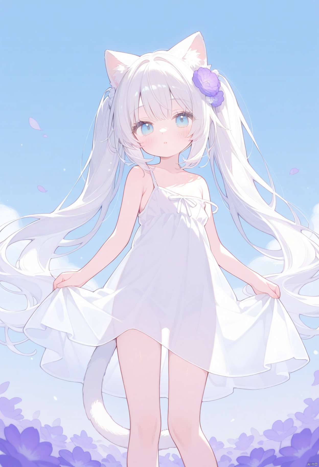 1girl, solo, animal ears, tail, dress, long hair, blue eyes, twintails, cat tail, cat ears, white hair, very long hair, cat girl, strap slip, flower, white dress, purple flower, bangs, looking at viewer, sky, parted lips, sleeveless dress, blush, outdoors, petals, sleeveless, see-through, animal ear fluff, bare shoulders, bare arms, bow, see-through silhouette, day, hair ornament, standing, blue sky, feet out of frame
