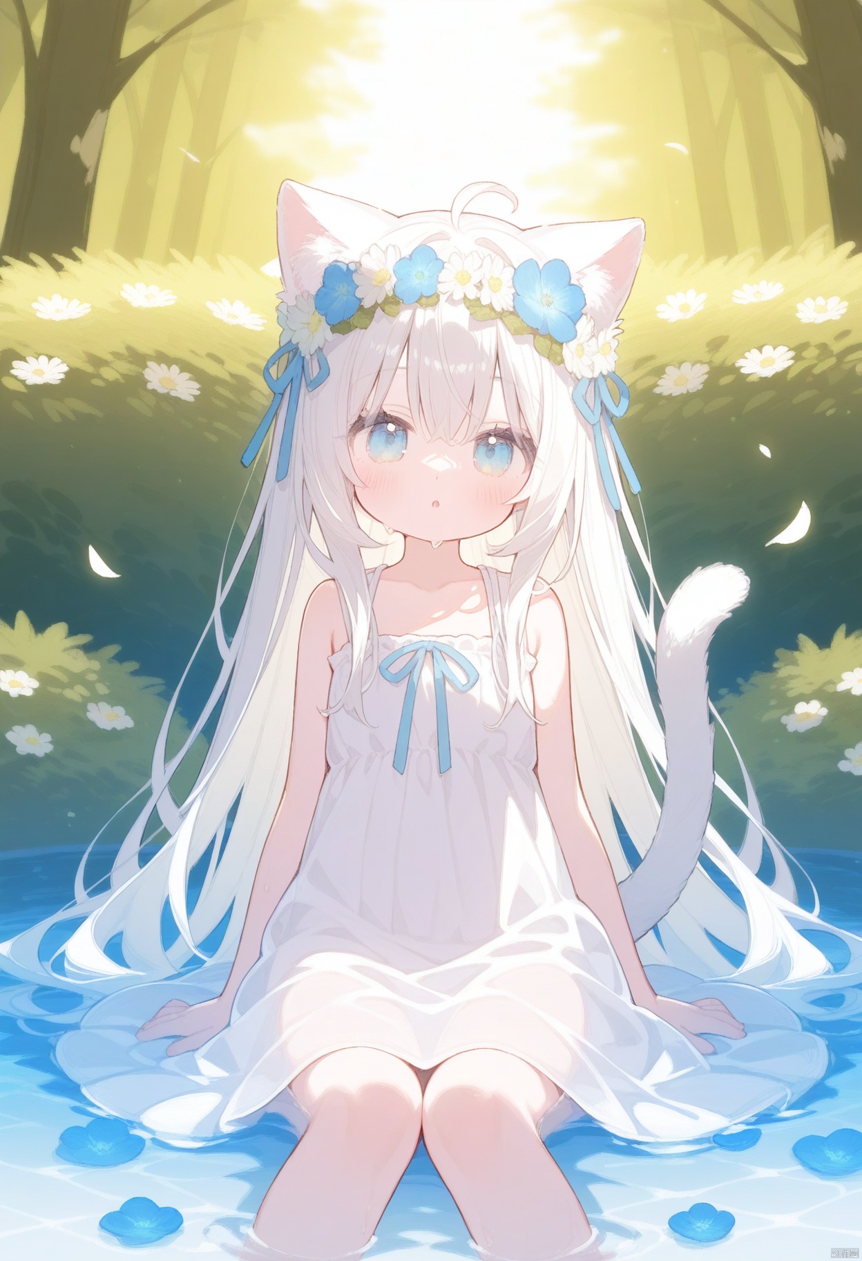 1girl, solo, long hair, looking at viewer, blush, bangs, blue eyes, hair ornament, dress, ribbon, animal ears, hair between eyes, bare shoulders, sitting, very long hair, collarbone, tail, flower, ahoge, white hair, outdoors, parted lips, sleeveless, day, cat ears, hair flower, water, white dress, :o, tree, wet, cat tail, animal ear fluff, bare arms, petals, sleeveless dress, feet out of frame, white flower, blue ribbon, cat girl, blue flower, head wreath, tail raised, flower wreath, shallow water
