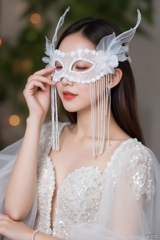 lace eye mask,The image depicts a person wearing an elegant white dress adorned with intricate beading and sequins. The dress features sheer,flowing sleeves and a plunging neckline. The person is also wearing a decorative white mask that covers the eyes and extends into delicate,wing-like structures on either side of the head. The mask is embellished with cascading strands of beads or pearls,adding a touch of sophistication and mystery to the overall look. The background is blurred,with hints of greenery and soft bokeh lights,suggesting an outdoor or garden setting. The person's hand is gently touching the mask,enhancing the graceful and poised appearance