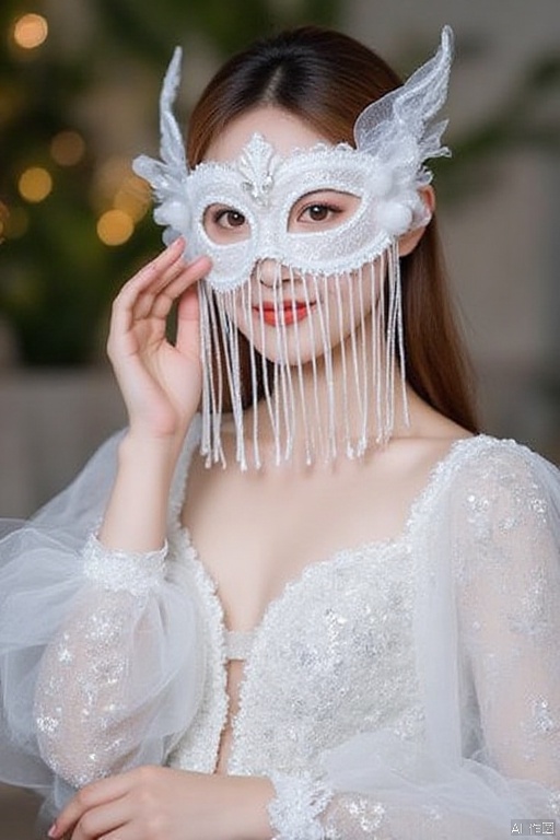lace eye mask,The image depicts a person wearing an elegant white dress adorned with intricate beading and sequins. The dress features sheer,flowing sleeves and a plunging neckline. The person is also wearing a decorative white mask that covers the eyes and extends into delicate,wing-like structures on either side of the head. The mask is embellished with cascading strands of beads or pearls,adding a touch of sophistication and mystery to the overall look. The background is blurred,with hints of greenery and soft bokeh lights,suggesting an outdoor or garden setting. The person's hand is gently touching the mask,enhancing the graceful and poised appearance