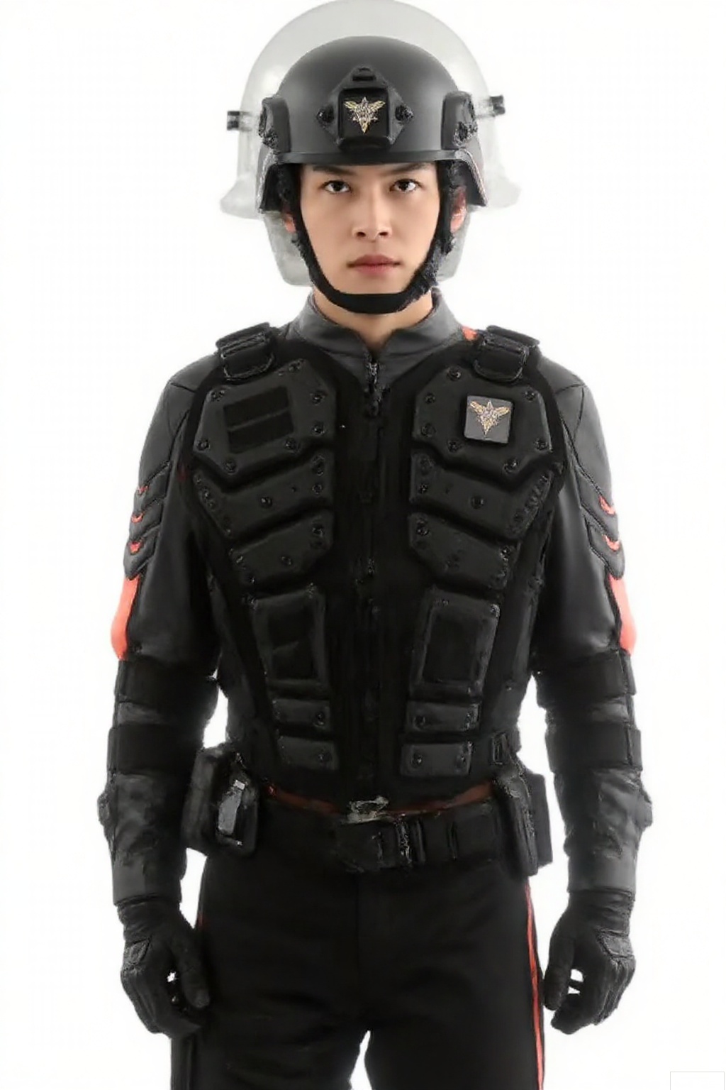 masterpiece, best quality,solo,(white background:1.2),simple background,
looking at viewer,guts-s,helmet,collar,belt,military uniform,logo,uniform,jacket,helmet,fingerless gloves,gloves,boots,emblem,pants,bodysuit,belt pouch,armband,military,bulletproof vest,black gloves,belt,pants,black footwear,knee pads,police,tactical clothes