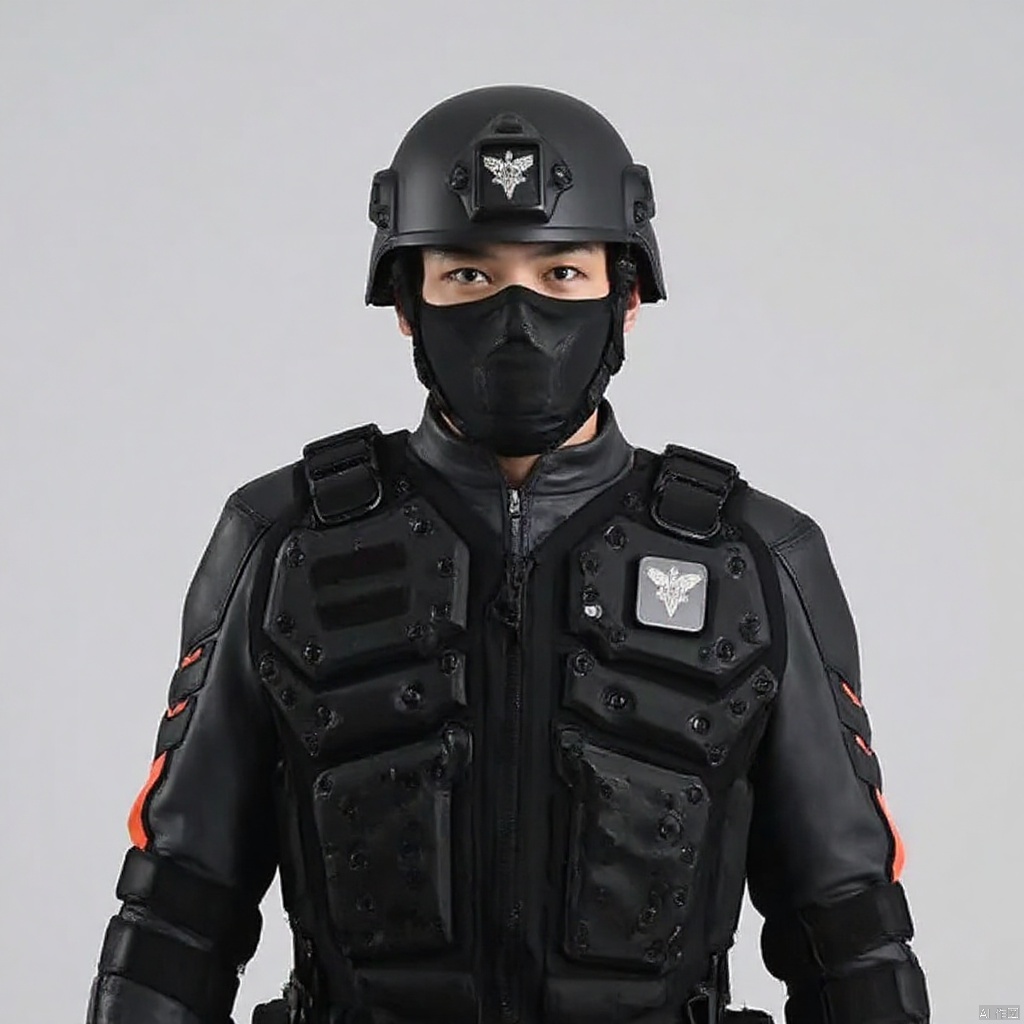 guts-s,helmet,collar,belt,military uniform,logo,uniform,jacket,helmet,fingerless gloves,gloves,boots,emblem,pants,bodysuit,belt pouch,armband,military,bulletproof vest,black gloves,belt,pants,black footwear,knee pads,police,tactical clothes