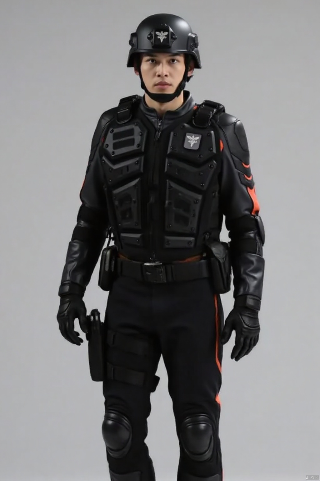 guts-s,helmet,collar,belt,military uniform,logo,uniform,jacket,helmet,fingerless gloves,gloves,boots,emblem,pants,bodysuit,belt pouch,armband,military,bulletproof vest,black gloves,belt,pants,black footwear,knee pads,police,tactical clothes