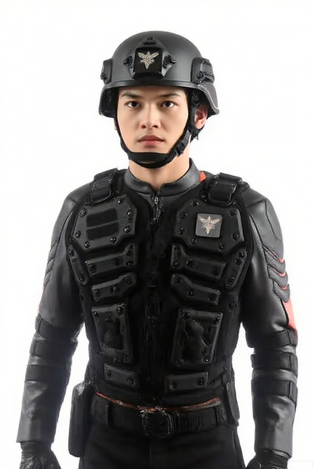 masterpiece, best quality,solo,(white background:1.2),simple background,
looking at viewer,guts-s,helmet,collar,belt,military uniform,logo,jacket,emblem,bodysuit,belt pouch,armband,bulletproof vest,knee pads,police,tactical clothes