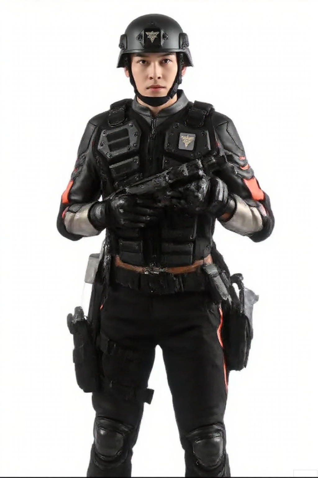 masterpiece, best quality,solo,(white background:1.2),simple background,
looking at viewer,guts-s,helmet,collar,belt,military uniform,logo,jacket,emblem,bodysuit,belt pouch,armband,bulletproof vest,knee pads,police,tactical clothes