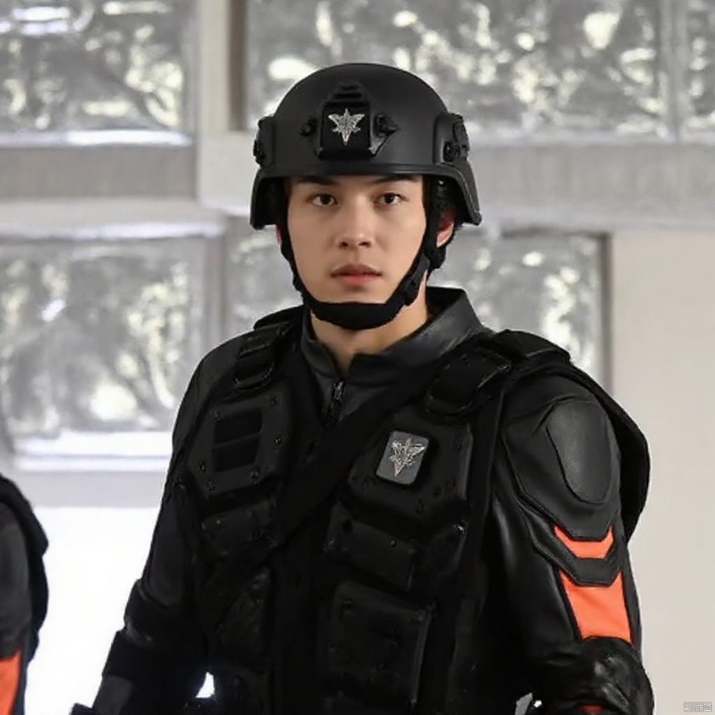 guts-s,helmet,collar,belt,military uniform,logo,uniform,jacket,helmet,fingerless gloves,gloves,boots,emblem,pants,bodysuit,belt pouch,armband,military,bulletproof vest,black gloves,belt,pants,black footwear,knee pads,police,tactical clothes