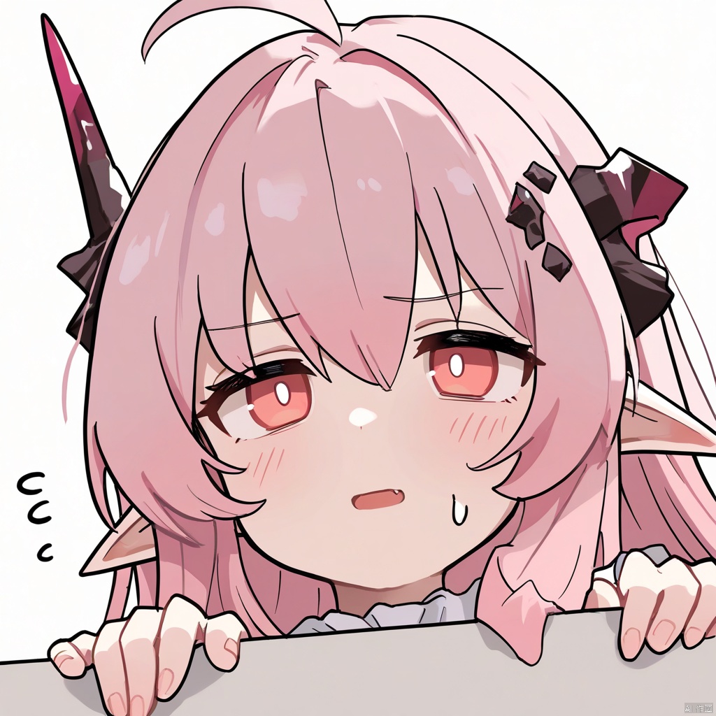 masterpiece,best quality,amazing quality,very aesthetic,absurdres,best quality,newest,masterpiece,best quality,good quality, 
 EmojiPack, 1girl, pink hair, pointy ears, horns, white background, pink eyes, long hair, simple background, solo, flying sweatdrops, open mouth, demon horns, hair between eyes, red eyes, peeking out, bangs, ahoge, sweatdrop, hair ornament