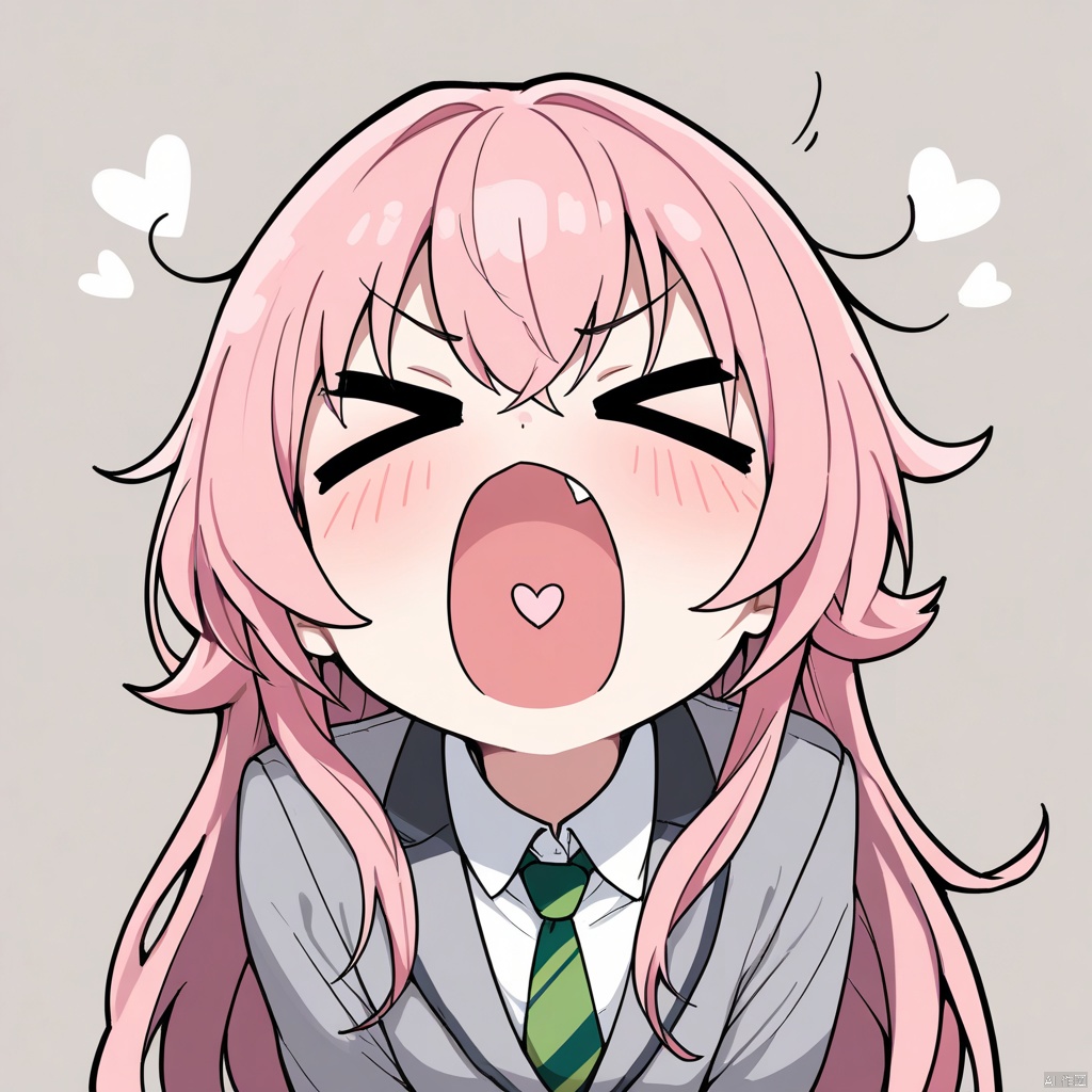 masterpiece,best quality,amazing quality,very aesthetic,absurdres,best quality,newest,masterpiece,best quality,good quality, 
EmojiPack, 1girl, solo, pink hair, necktie, long hair, >_<, open mouth, fang, simple background, school uniform, closed eyes, shirt, heart in mouth, heart, striped necktie, collared shirt, grey jacket, white shirt, jacket, upper body, bangs, green necktie, grey background, striped, v-shaped eyebrows, blazer