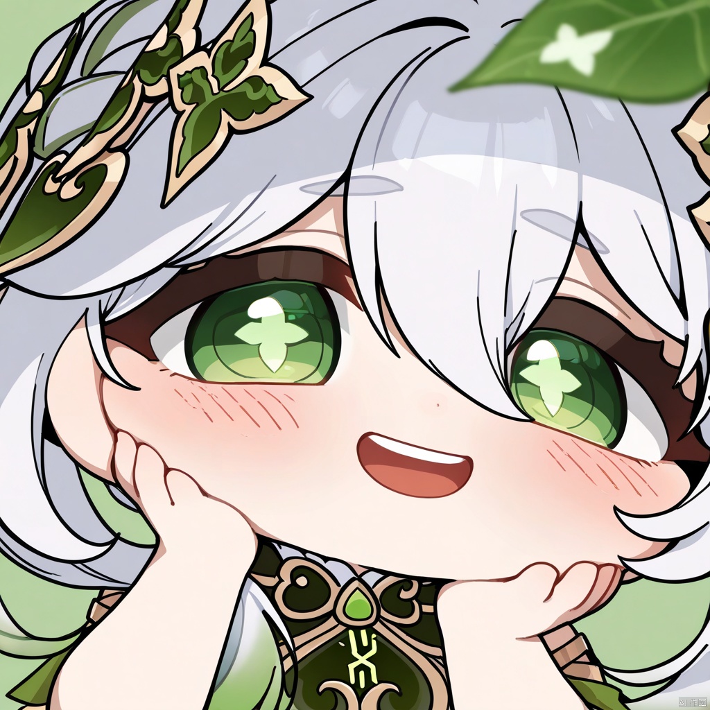 masterpiece,best quality,amazing quality,very aesthetic,absurdres,best quality,newest,masterpiece,best quality,good quality, 
EmojiPack, 1girl, nahida (genshin impact), solo, green eyes, pointy ears, hair ornament, multicolored hair, open mouth, symbol-shaped pupils, smile, looking at viewer, bangs, green hair, white hair, cross-shaped pupils, blush, braid, gradient hair, side ponytail, chibi, hair between eyes, long hair, female child, :d, leaf hair ornament, teeth, grey hair