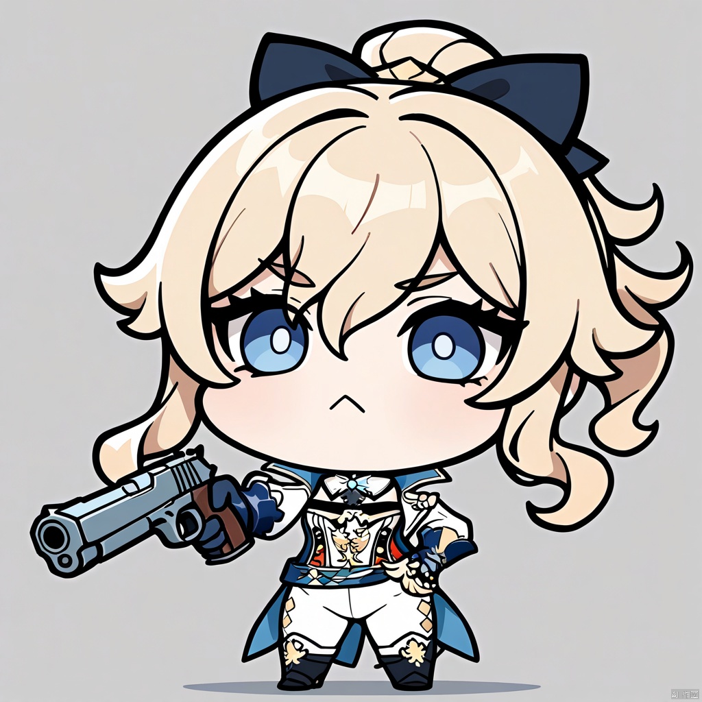 masterpiece,best quality,amazing quality,very aesthetic,absurdres,best quality,newest,masterpiece,best quality,good quality, 
 EmojiPack, 1girl, jean (genshin impact), solo, weapon, gun, chibi, holding, ponytail, holding weapon,hair bow, bow, holding gun, looking at viewer, bangs, hand on hip, standing, :<, full body, hair between eyes, sidelocks, belt, handgun,  white background,