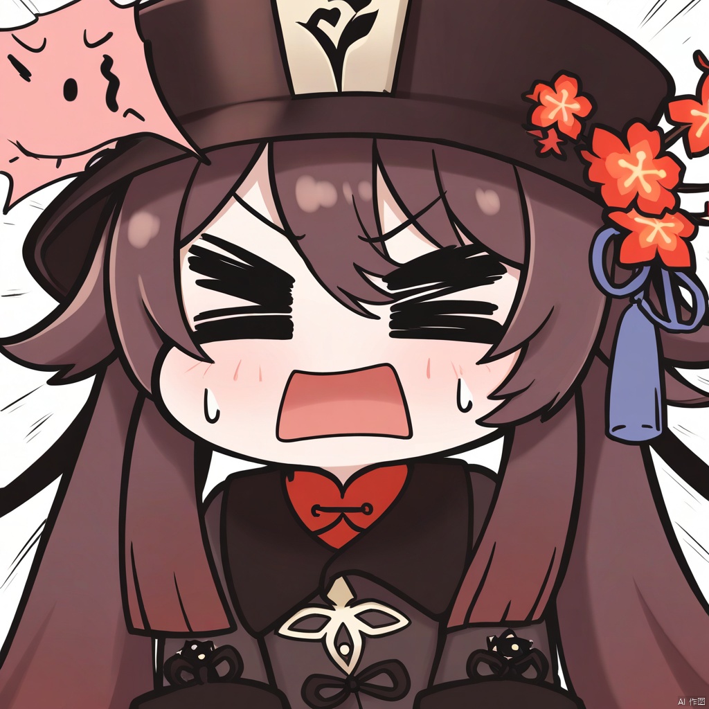 masterpiece,best quality,amazing quality,very aesthetic,absurdres,best quality,newest,masterpiece,best quality,good quality, 
EmojiPack, 1girl, hat, hu tao (genshin impact), long hair, solo, sweatdrop, brown hair, long sleeves, hat flower, chibi, flower, twintails, sidelocks, open mouth, bangs, hat ornament, hair between eyes, jewelry, chinese clothes, bracelet, looking at viewer, simple background, =_=, coat, v-shaped eyebrows, red flower, white background,