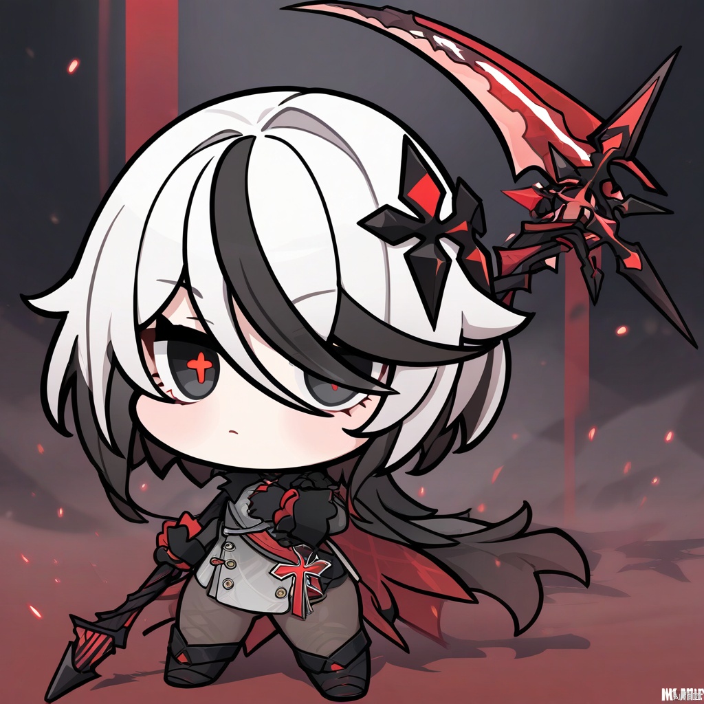 masterpiece,best quality,amazing quality,very aesthetic,absurdres,best quality,newest,masterpiece,best quality,good quality, 
EmojiPack, 1girl, chibi, x-shaped pupils, solo, weapon, white hair, black hair, symbol-shaped pupils, holding, multicolored hair, scythe, black eyes, holding weapon, short hair, looking at viewer, bangs, red pupils, hair between eyes, streaked hair, gloves, closed mouth, coat
