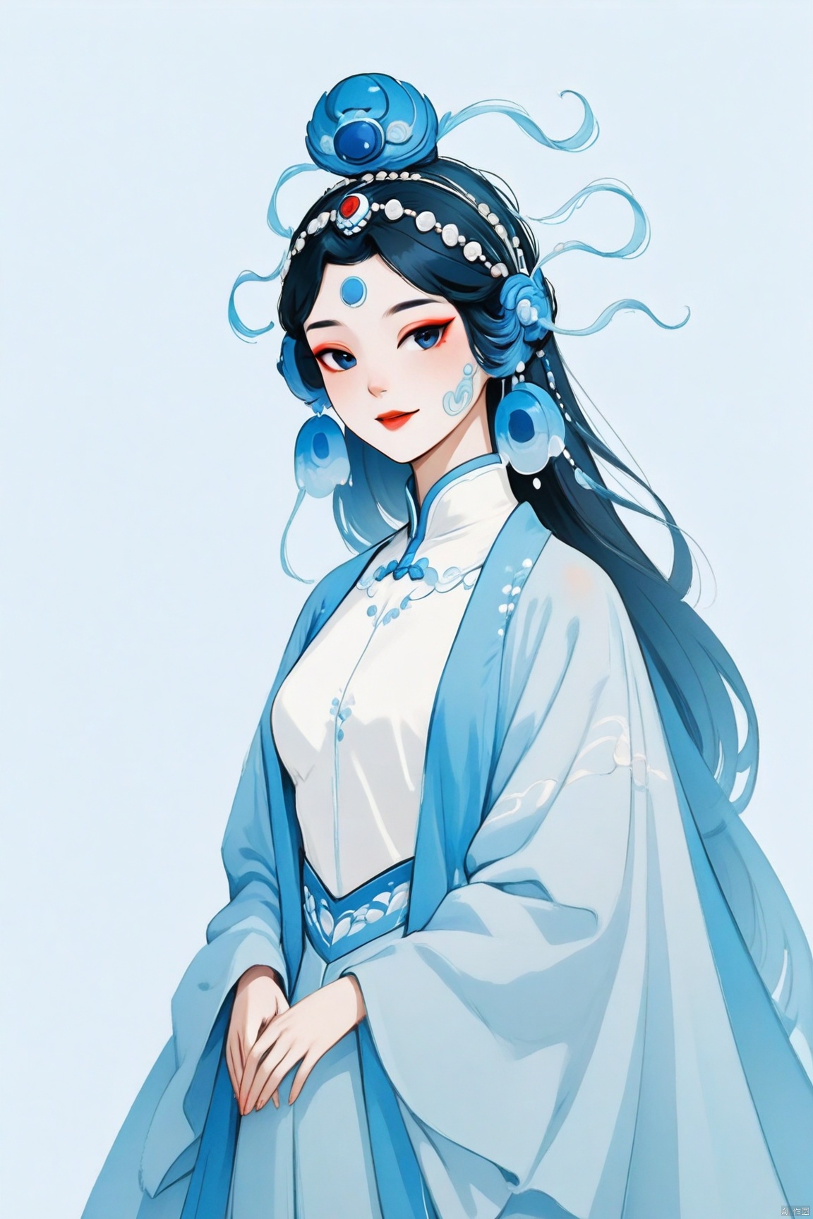 A majestic 8K CG artwork of a single girl dressed in stunning Peking Opera costumes. She stands regally against a vast, dreamlike plain, where the only distraction is a hint of subtle lake blue hue. Her elegant temperament and exquisite facial features are highlighted by masterful makeup. Dramatic headwear adorns her refined visage, as she exudes an air of refined sophistication. The framing is minimalist, with a simple background that lets the subject shine. Traditional Chinese painting techniques evoke a realistic, almost two-dimensional quality, transporting the viewer to a realm of ethereal beauty.