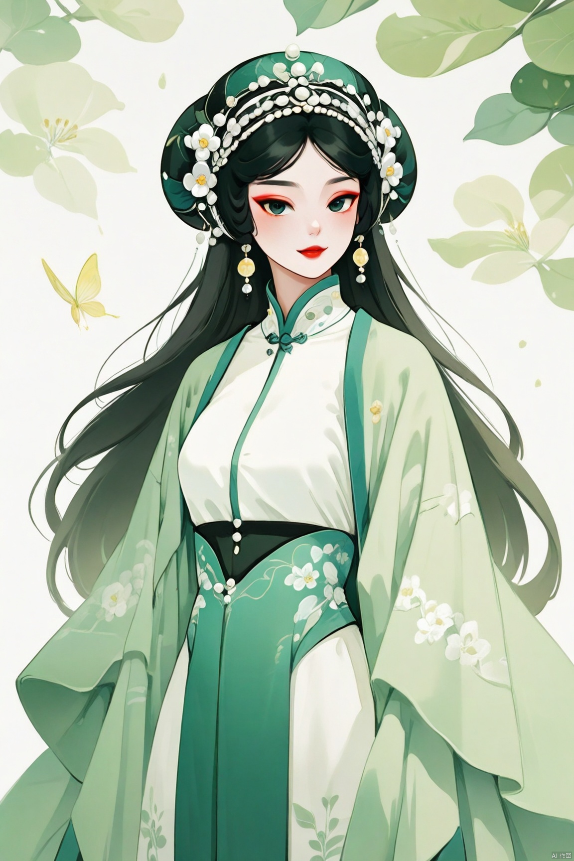 A majestic 8K CG artwork of a single girl dressed in stunning Peking Opera costumes. She stands regally against a vast, dreamlike plain, where the only distraction is a hint of subtle cyan hue. Her elegant temperament and exquisite facial features are highlighted by masterful makeup. Dramatic headwear adorns her refined visage, as she exudes an air of refined sophistication. The framing is minimalist, with a simple background that lets the subject shine. Traditional Chinese painting techniques evoke a realistic, almost two-dimensional quality, transporting the viewer to a realm of ethereal beauty.