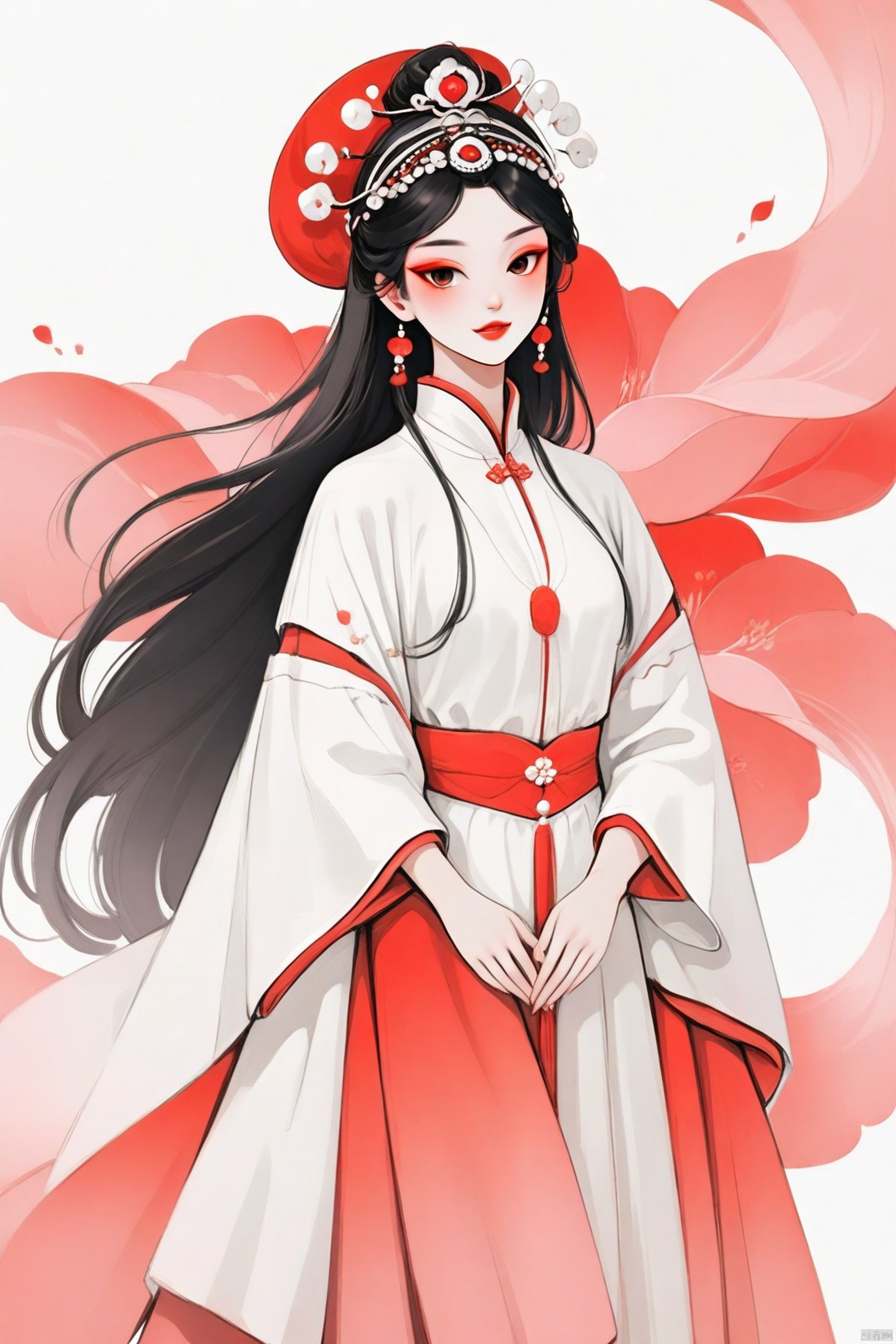 A majestic 8K CG artwork of a single girl dressed in stunning Peking Opera costumes. She stands regally against a vast, dreamlike plain, where the only distraction is a hint of subtle red hue. Her elegant temperament and exquisite facial features are highlighted by masterful makeup. Dramatic headwear adorns her refined visage, as she exudes an air of refined sophistication. The framing is minimalist, with a simple background that lets the subject shine. Traditional Chinese painting techniques evoke a realistic, almost two-dimensional quality, transporting the viewer to a realm of ethereal beauty.