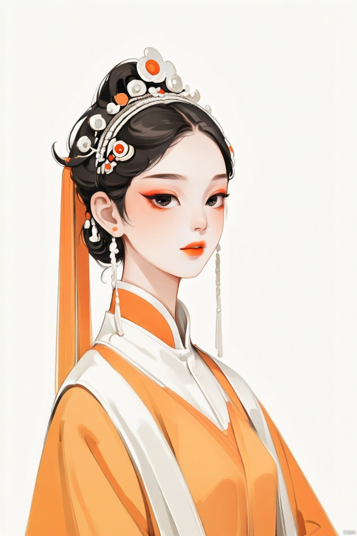 A majestic 8K CG artwork of a single girl dressed in stunning Peking Opera costumes. She stands regally against a vast, dreamlike plain, where the only distraction is a hint of subtle orange hue. Her elegant temperament and exquisite facial features are highlighted by masterful makeup. Dramatic headwear adorns her refined visage, as she exudes an air of refined sophistication. The framing is minimalist, with a simple background that lets the subject shine. Traditional Chinese painting techniques evoke a realistic, almost two-dimensional quality, transporting the viewer to a realm of ethereal beauty.