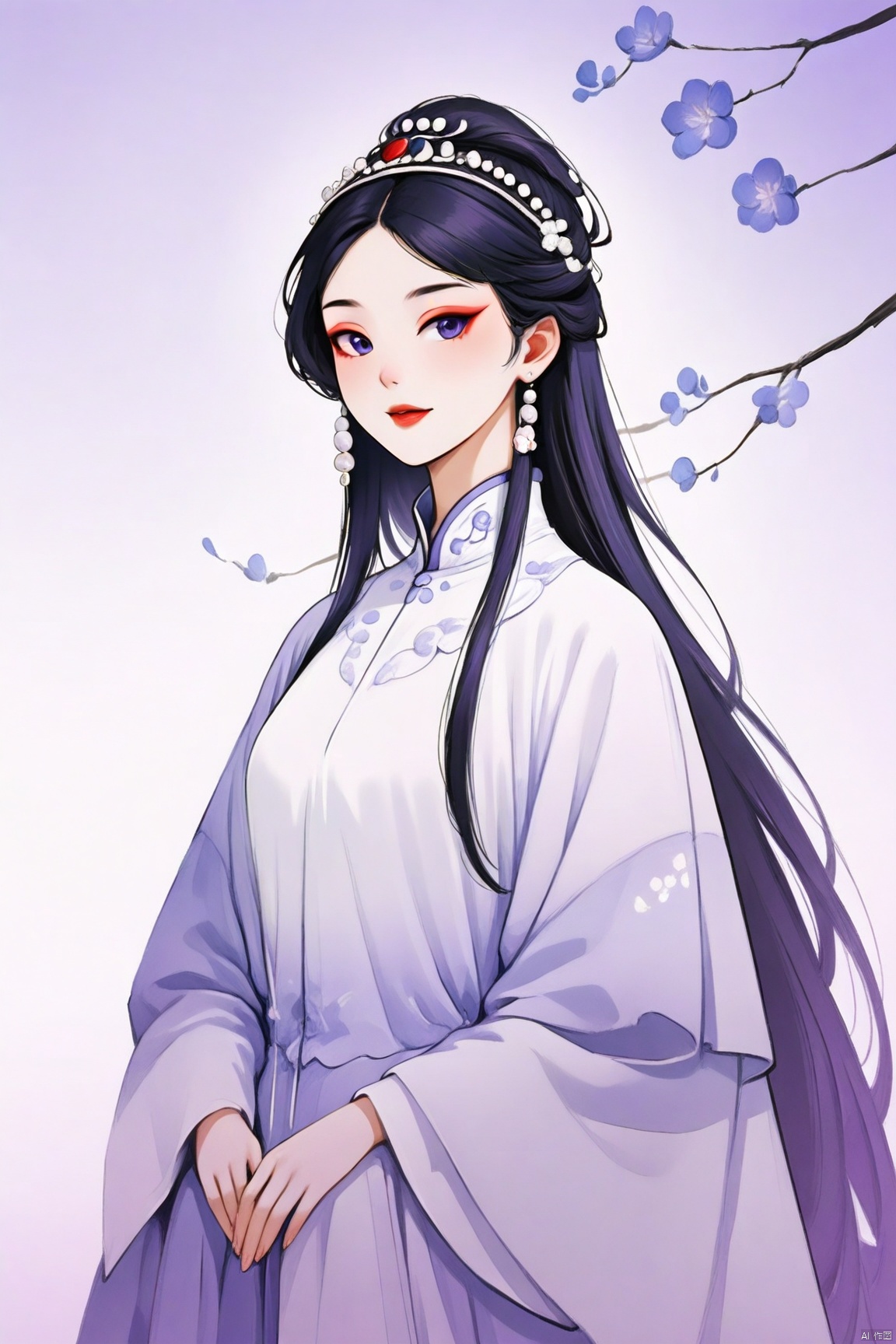 A majestic 8K CG artwork of a single girl dressed in stunning Peking Opera costumes. She stands regally against a vast, dreamlike plain, where the only distraction is a hint of subtle purple hue. Her elegant temperament and exquisite facial features are highlighted by masterful makeup. Dramatic headwear adorns her refined visage, as she exudes an air of refined sophistication. The framing is minimalist, with a simple background that lets the subject shine. Traditional Chinese painting techniques evoke a realistic, almost two-dimensional quality, transporting the viewer to a realm of ethereal beauty.