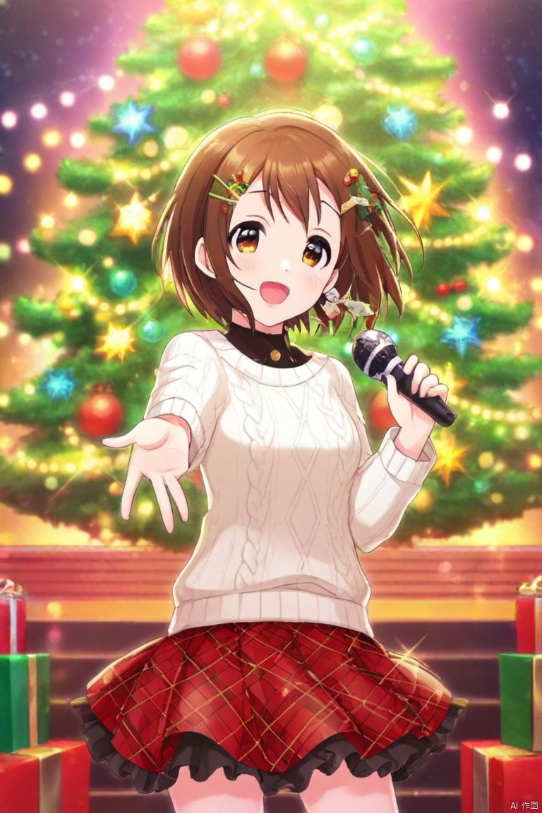 upper body, 1girl, solo, short hair, brown hair, hair ornament, wearing a white sweater and a red plaid skirt, standing on the stage decorated with colorful lights and Christmas trees, singing warm songs, with Christmas hairpins pinned on her hair, Holding the microphone in your hand, your eyes full of love and hope
