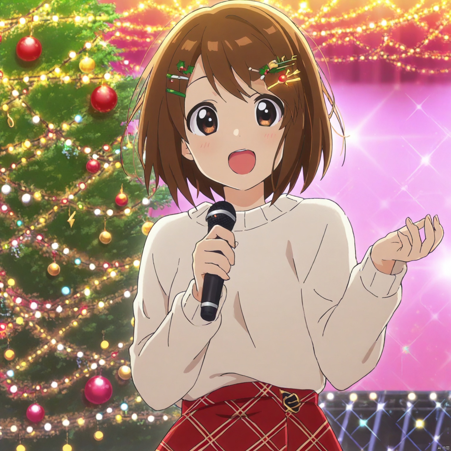 upper body, 1girl, solo, short hair, brown hair, hair ornament, wearing a white sweater and a red plaid skirt, standing on the stage decorated with colorful lights and Christmas trees, singing warm songs, with Christmas hairpins pinned on her hair, Holding the microphone in your hand, your eyes full of love and hope