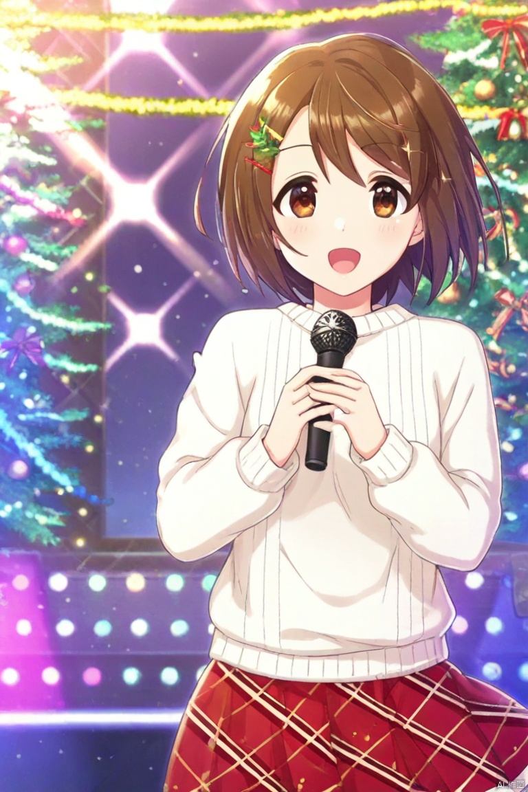 upper body, 1girl, solo, short hair, brown hair, hair ornament, wearing a white sweater and a red plaid skirt, standing on the stage decorated with colorful lights and Christmas trees, singing warm songs, with Christmas hairpins pinned on her hair, Holding the microphone in your hand, your eyes full of love and hope