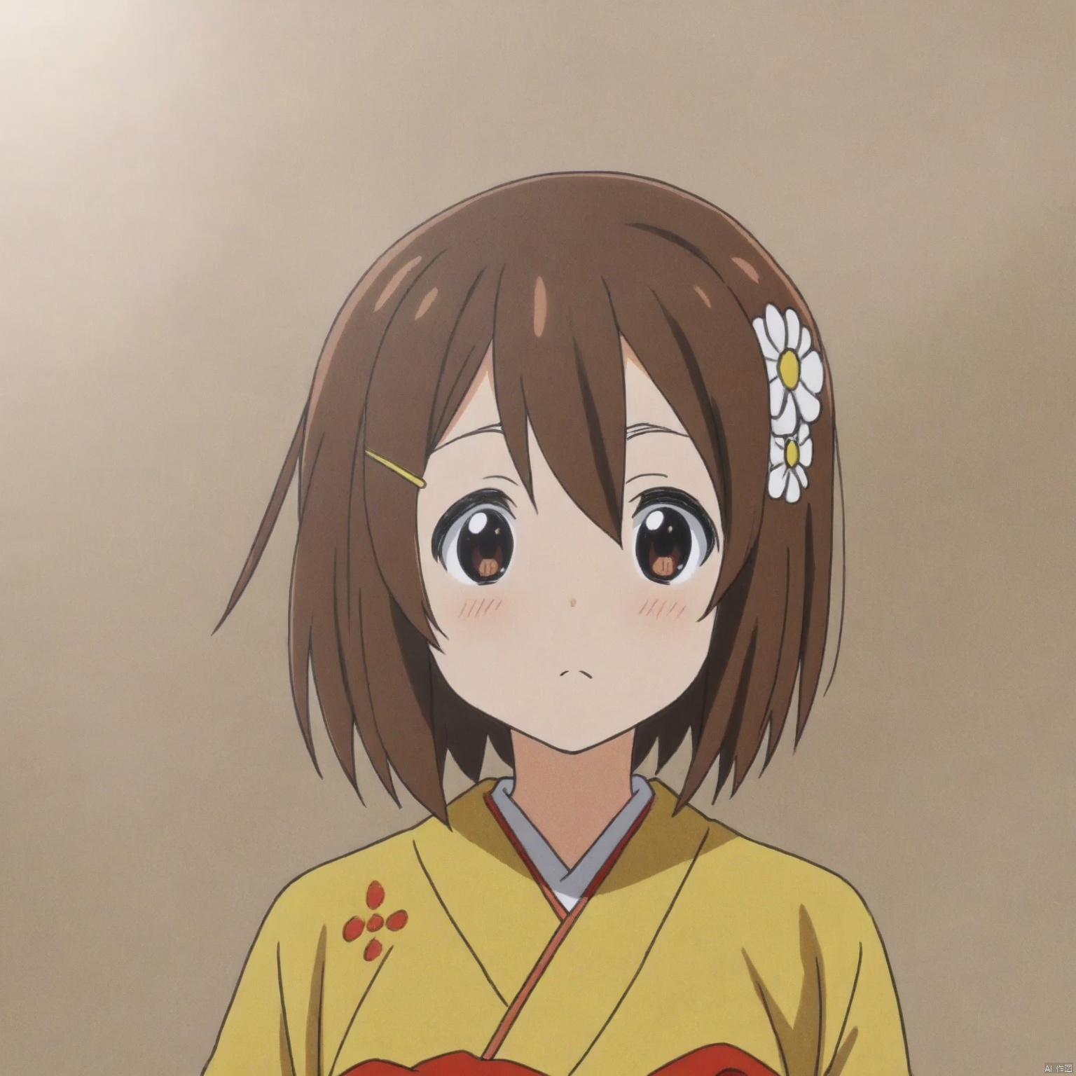1girl,solo,looking at viewer,short hair,brown hair,hair ornament,>:(