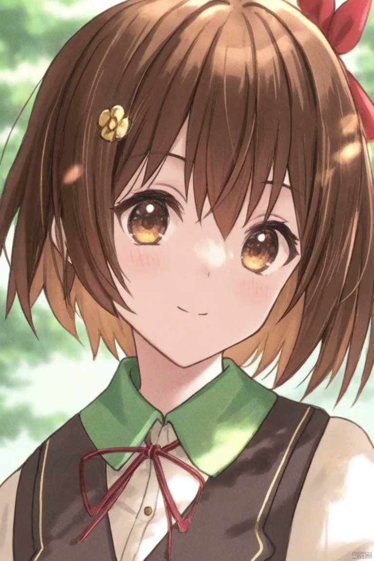 1girl, solo, looking at viewer, short hair, brown hair, hair ornament, face closeup