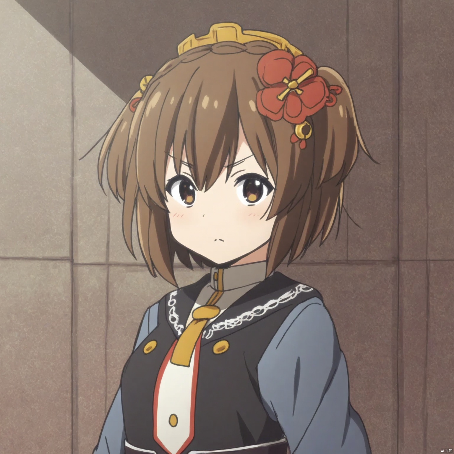 1girl,solo,looking at viewer,short hair,brown hair,hair ornament,>:(