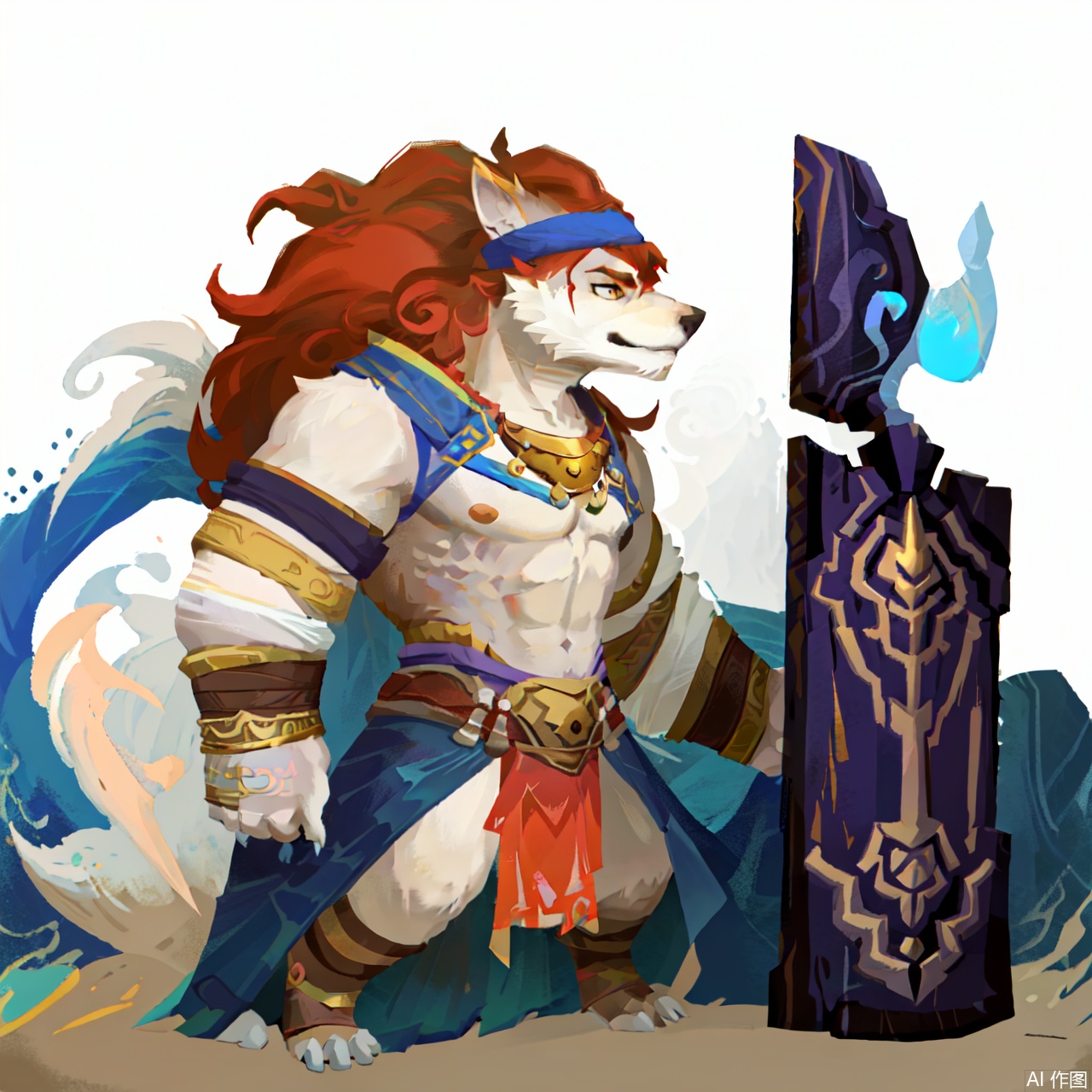 The image depicts a vibrant and dynamic scene set on a beach. In the foreground, there is a muscular anthropomorphic wolf character with long, flowing red hair and a blue headband. He is wearing a blue and white outfit adorned with gold accents and is holding a large, ornate shield decorated with intricate patterns. The character appears to be in motion, possibly charging or preparing for battle.

In the background, there are two smaller wolf-like characters, one of which is holding a smaller shield. They are standing on the sandy beach, with palm trees and a clear blue sky providing a picturesque backdrop. The ocean is visible in the distance, with gentle waves lapping against the shore.

The overall atmosphere of the image is lively and adventurous, with a focus on the central character and his companions. The use of bright colors and detailed textures adds to the sense of excitement and fantasy.sdorica,(simple background,white background:1.2)