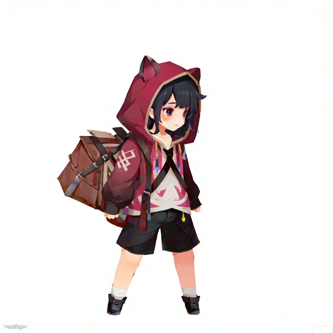 graffiti,solo, blush, short hair, black hair, long sleeves, 1boy, white background, standing, full body, male focus, shoes, shorts, pants, hood, bag, black eyes, hoodie, animal, watermark, black shorts, black pants, cat, white footwear, backpack, hood down, drawstring, black cat, white hoodie, simple drawing,sdorica,(simple background,white background:1.2)
